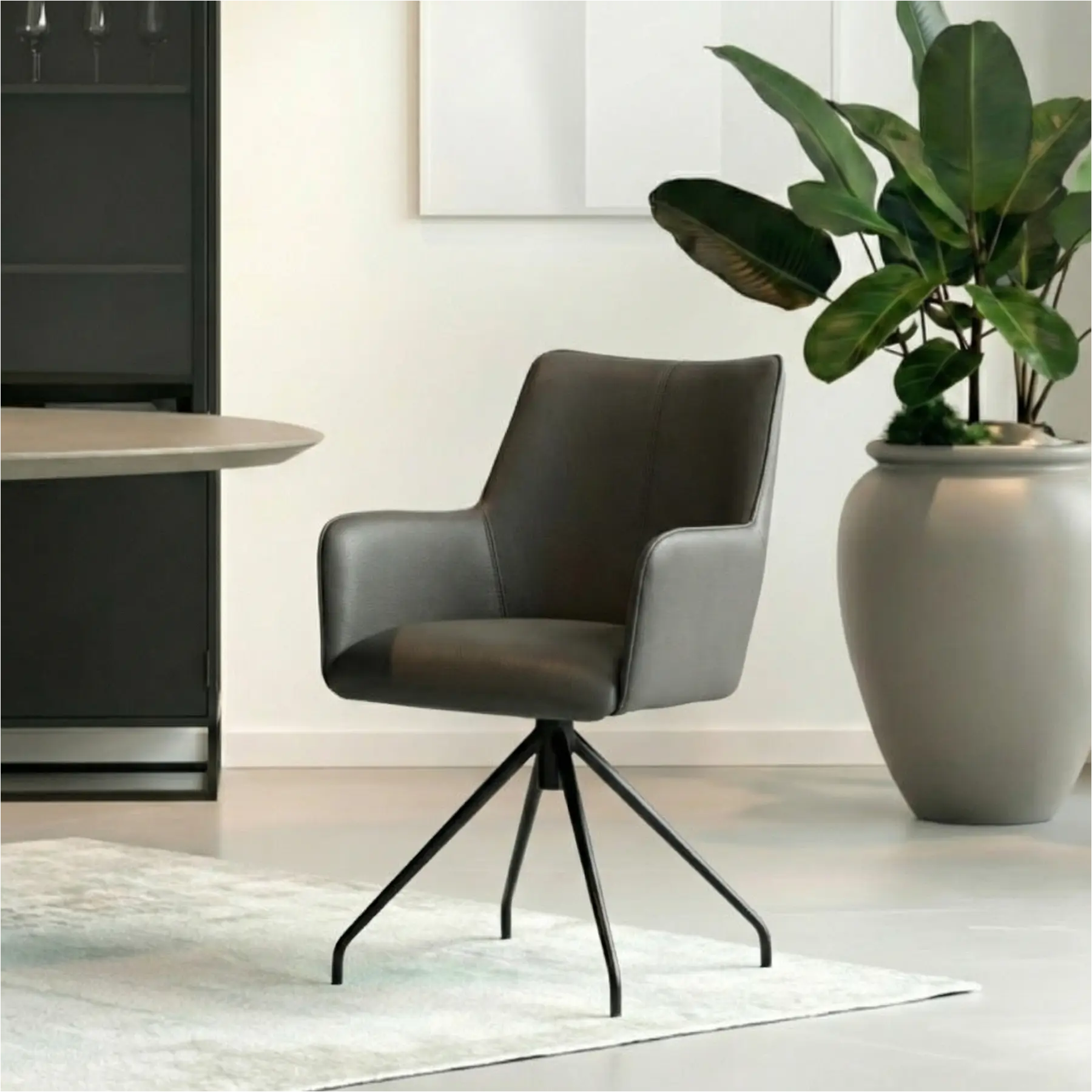 afbeelding van Leren draaibare eetkamerstoel Wave - Hermes Antracite (donkergrijs) - Spinpoot staal rond zwart