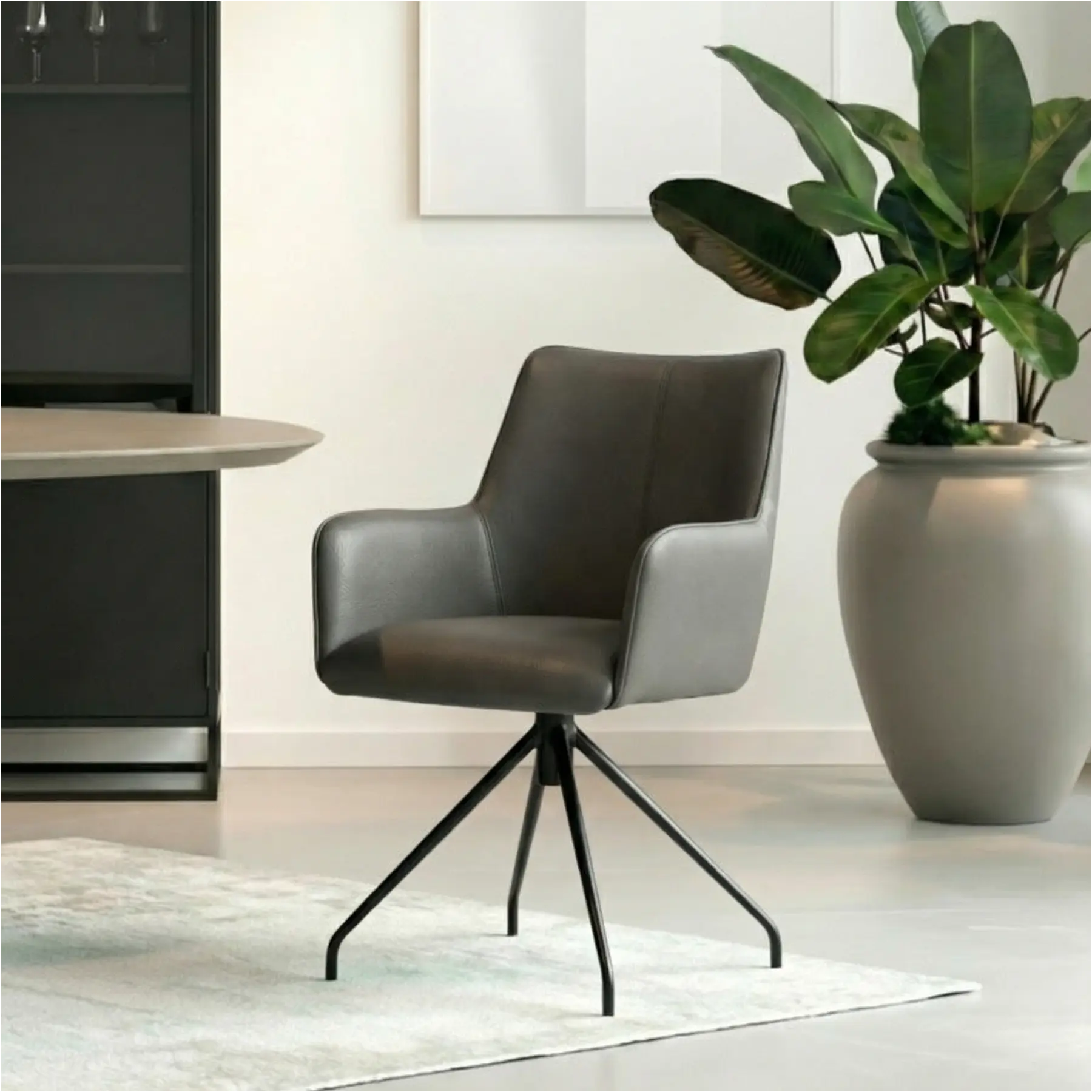 afbeelding van Leren draaibare eetkamerstoel Wave - Toledo Antracite (donkergrijs) - Spinpoot staal rond zwart