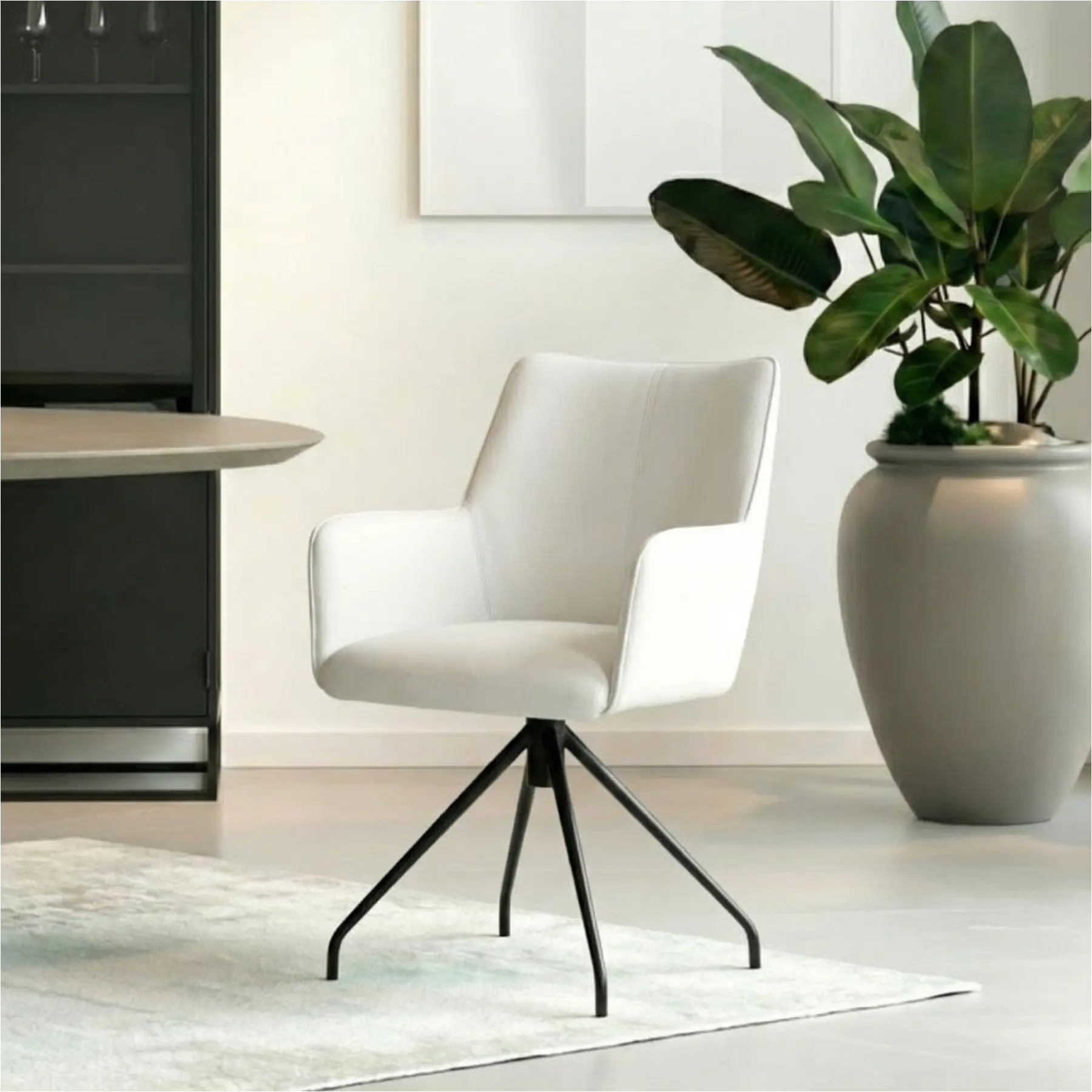 afbeelding van Leren eetkamerstoel Wave - Toledo Purewhite (wit) - Spinpoot staal rond zwart