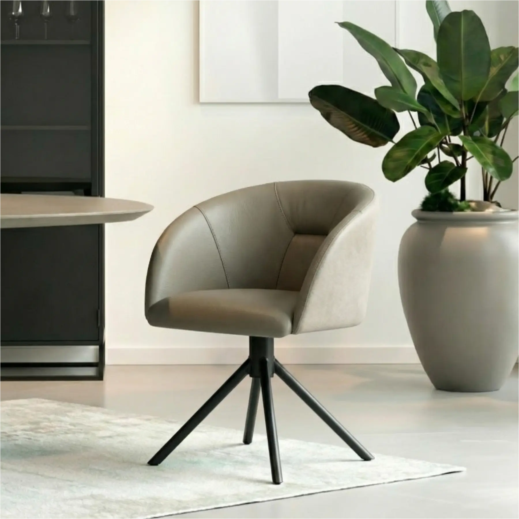 afbeelding van Leren draaibare eetkamerstoel Charm Duo - Kenia Lightgrey en Toledo Smog - Spinpoot staal rond zwart