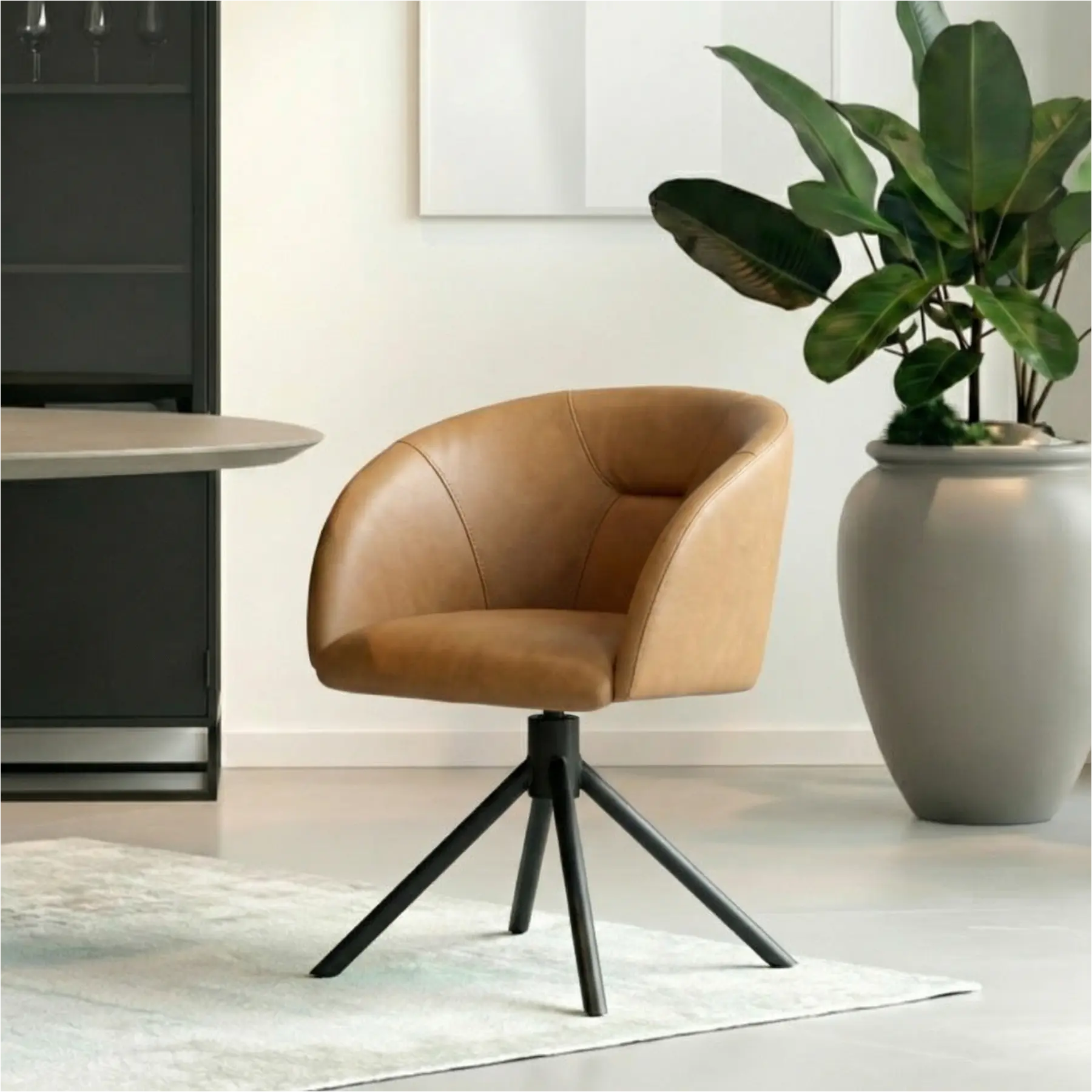 afbeelding van Leren draaibare eetkamerstoel Charm- Rancho Clay (bruin) - Spinpoot staal rond zwart