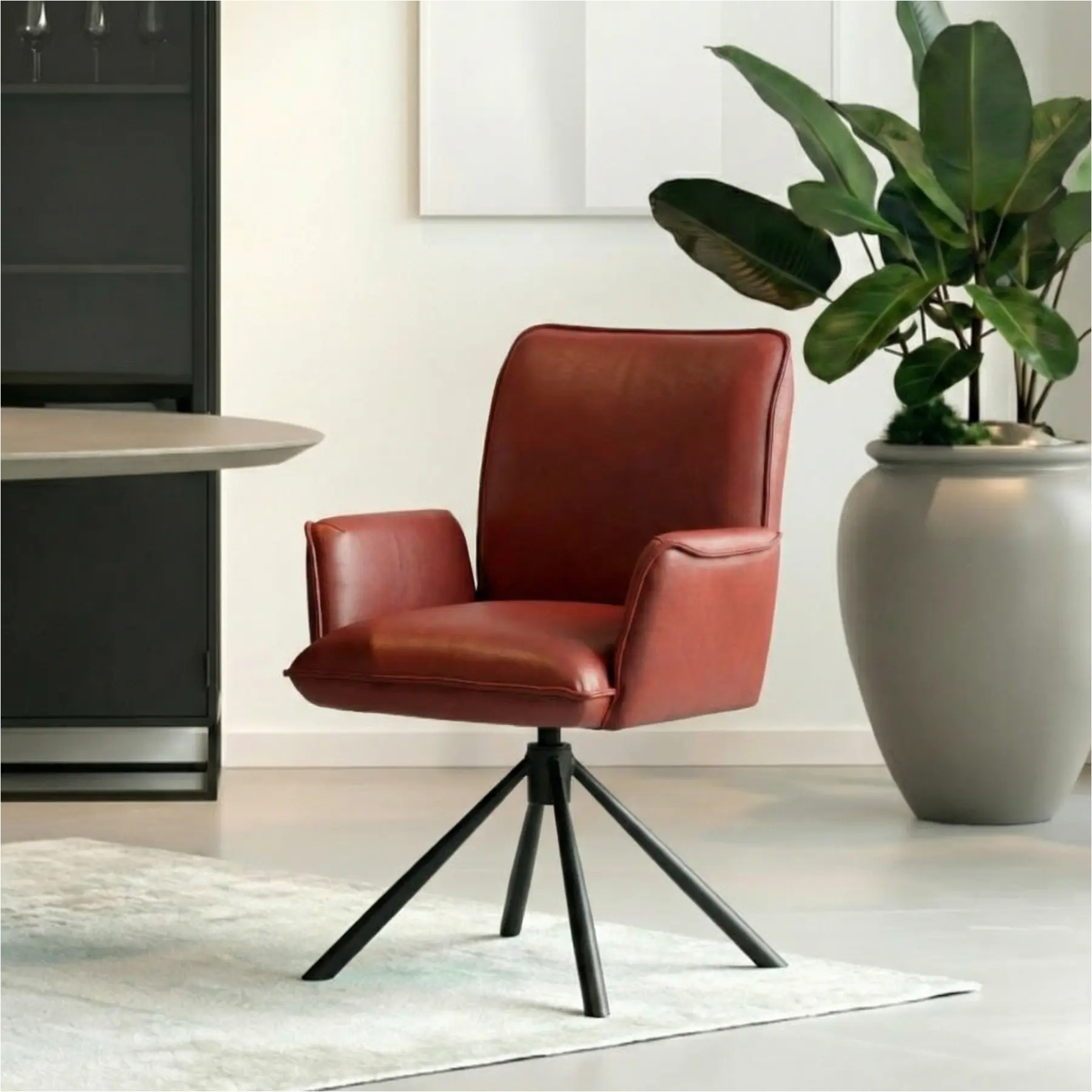 afbeelding van Leren draaibare eetkamerstoel Elite - Granada Rouge (rood) - Spinpoot staal rond zwart