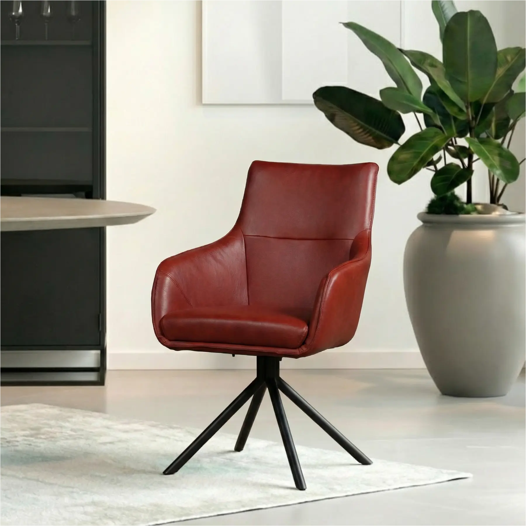 afbeelding van Leren draaibare eetkamerstoel Fancy - Granada Rouge (rood) - Spinpoot staal rond zwart