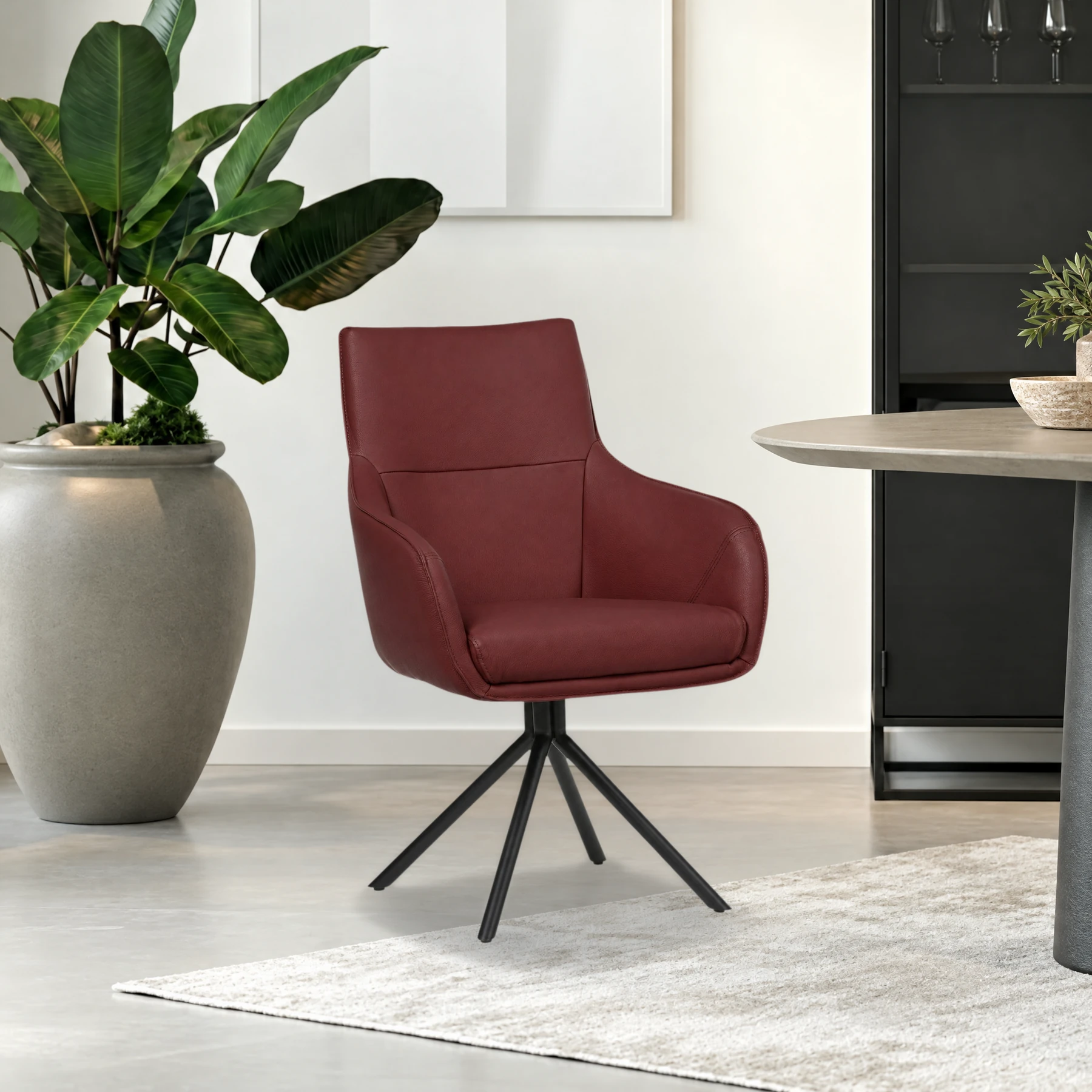 afbeelding van Leren draaibare eetkamerstoel Fancy - Toledo Cherry (rood) - Spinpoot staal rond zwart