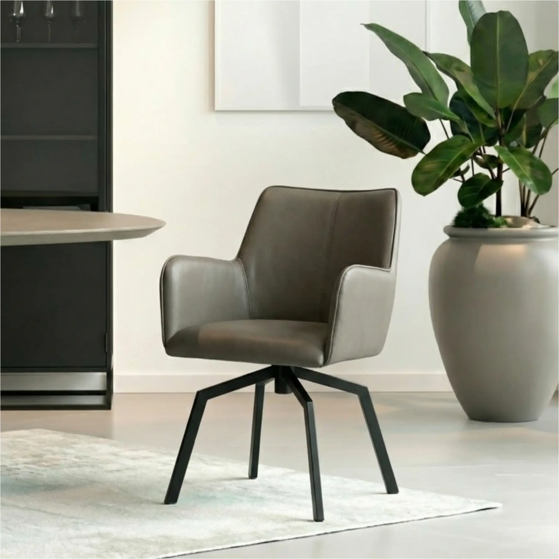 afbeelding van Leren draaibare eetkamerstoel Jazz - Spinpoot staal vierkant zwart