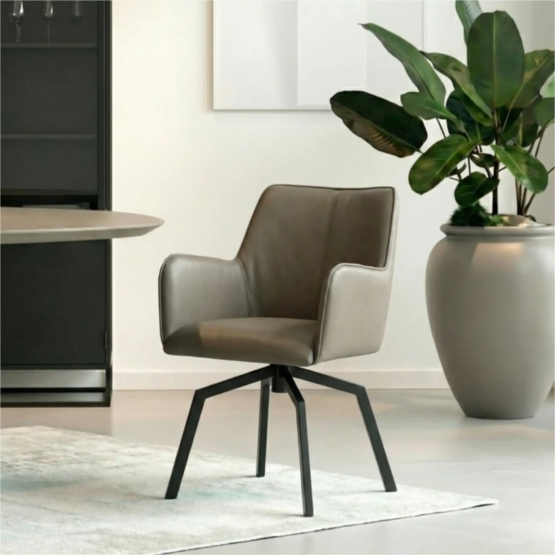 afbeelding van Leren draaibare eetkamerstoel Jazz - Toledo Moss (bruin/groen) - Spinpoot staal vierkant zwart