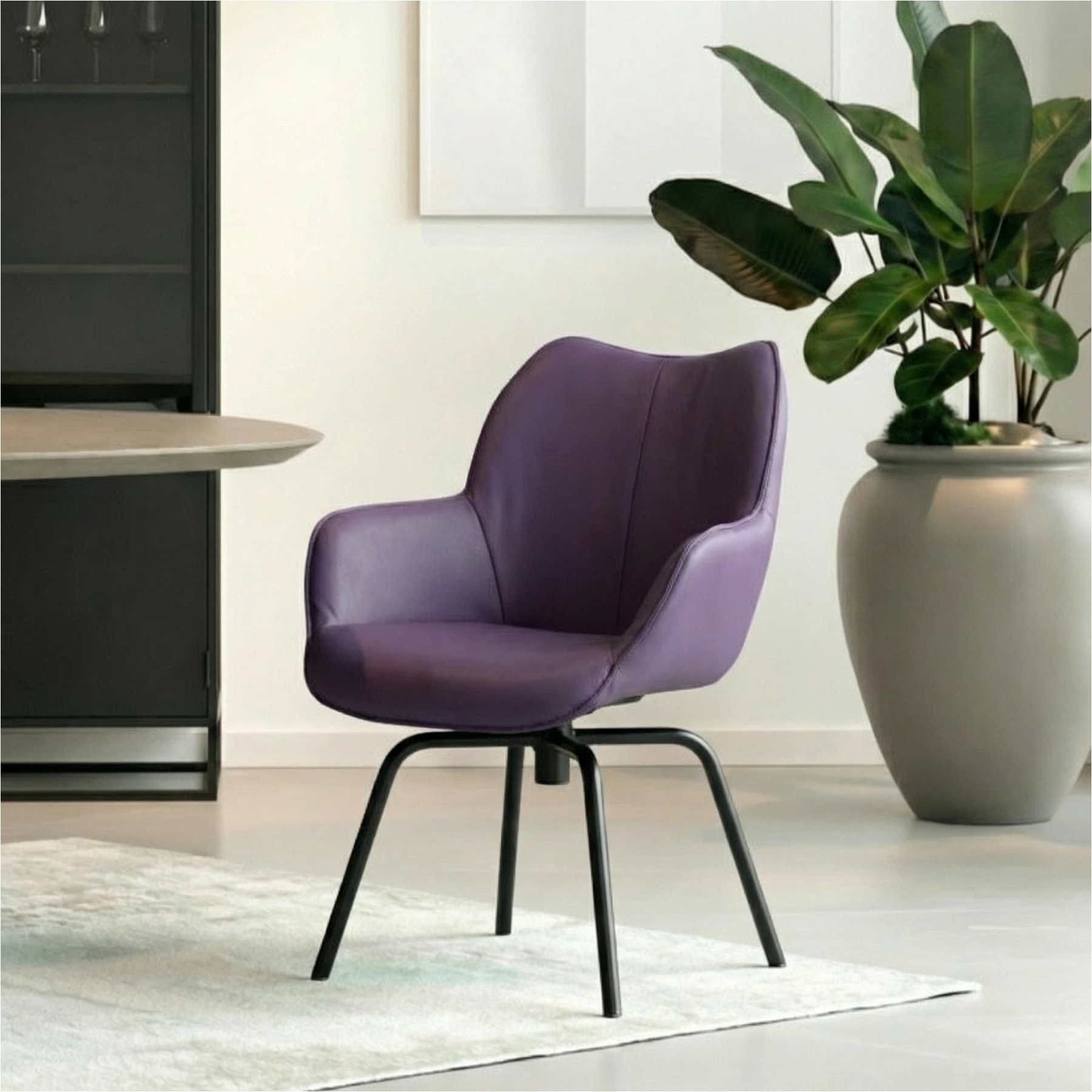 afbeelding van Leren draaibare eetkamerstoel Magic - Spinpoot staal rond zwart