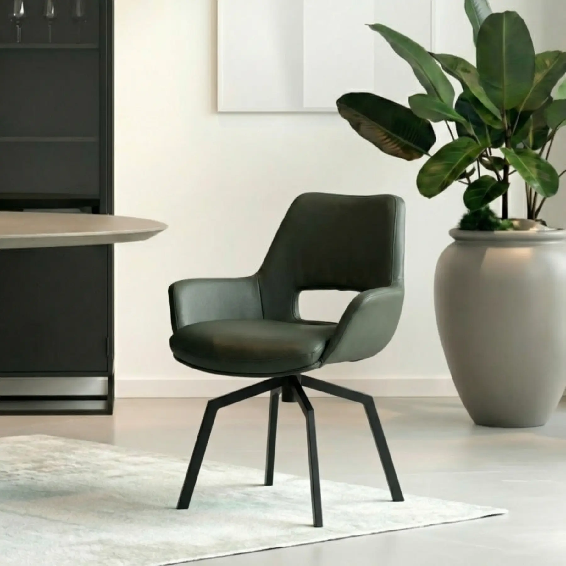 afbeelding van Leren draaibare eetkamerstoel Zippy - Spinpoot staal vierkant zwart