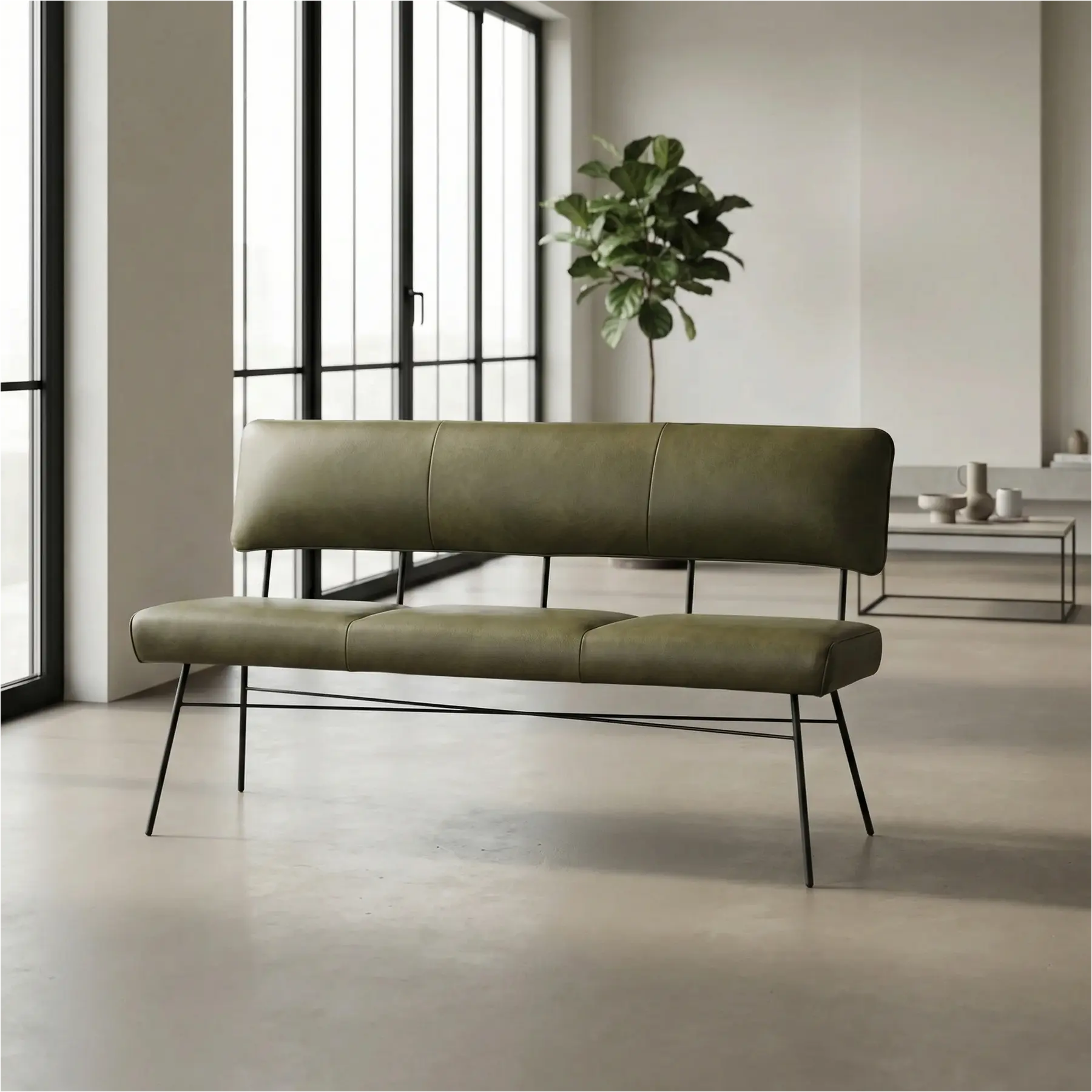 afbeelding van Leren eetkamerbank Solid - Granada Moss (olijf/groen) - Poten staal rond zwart