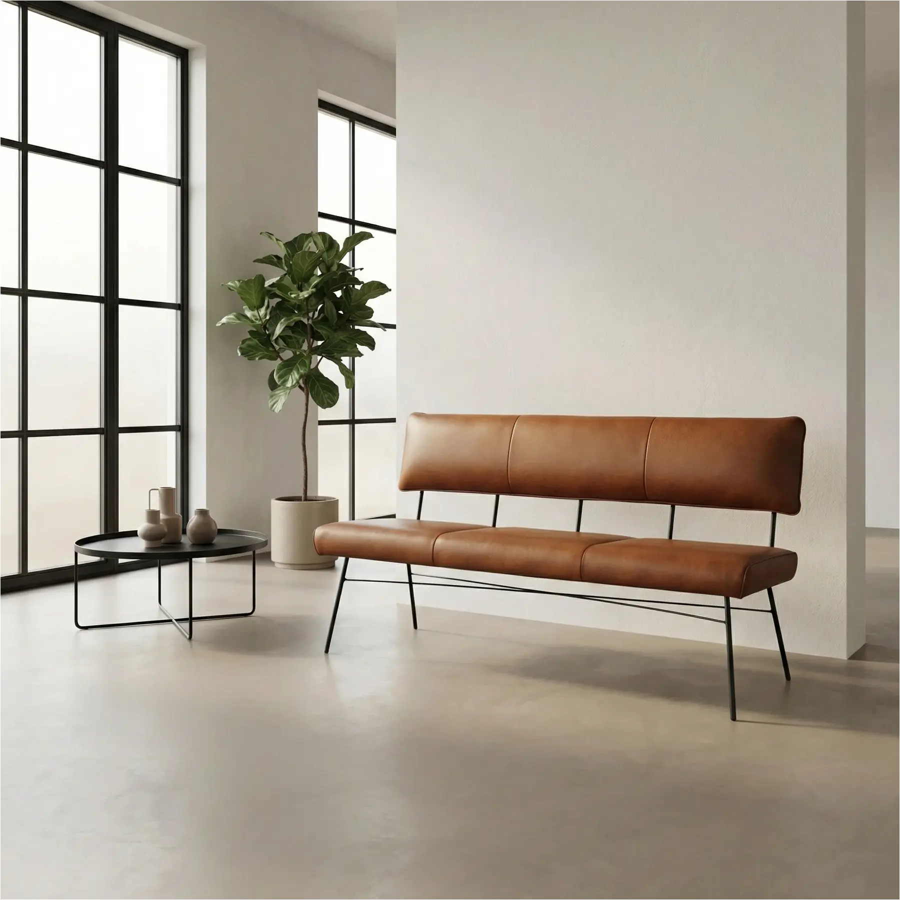 afbeelding van Leren eetkamerbank Solid - Granada Savannah (cognac) - Poten staal rond zwart