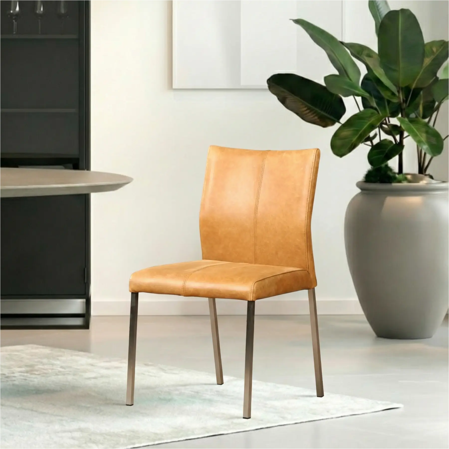 afbeelding van Leren eetkamerstoel Basic - Vintage Cognac (cognac) - Poten staal vierkant RVS