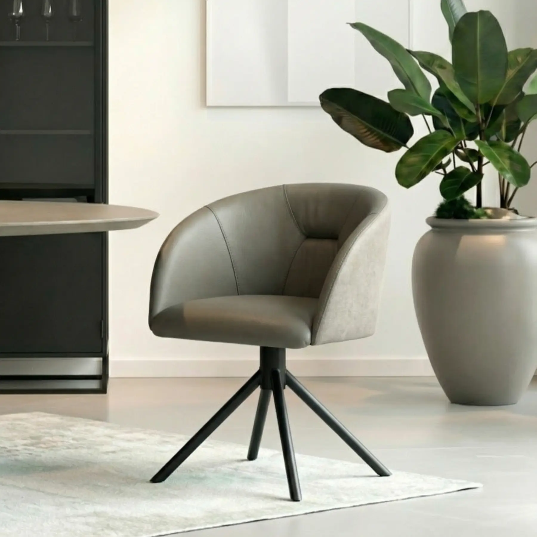 afbeelding van Leren eetkamerstoel Charm Duo - Kenia Lightgrey en Toledo Smog - Spinpoot staal rond zwart