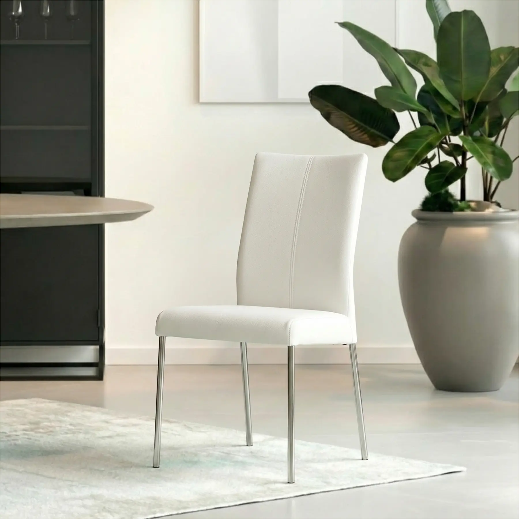 afbeelding van Leren eetkamerstoel Comfort - Hermes Bianco (gebroken wit) - Poten staal rond RVS