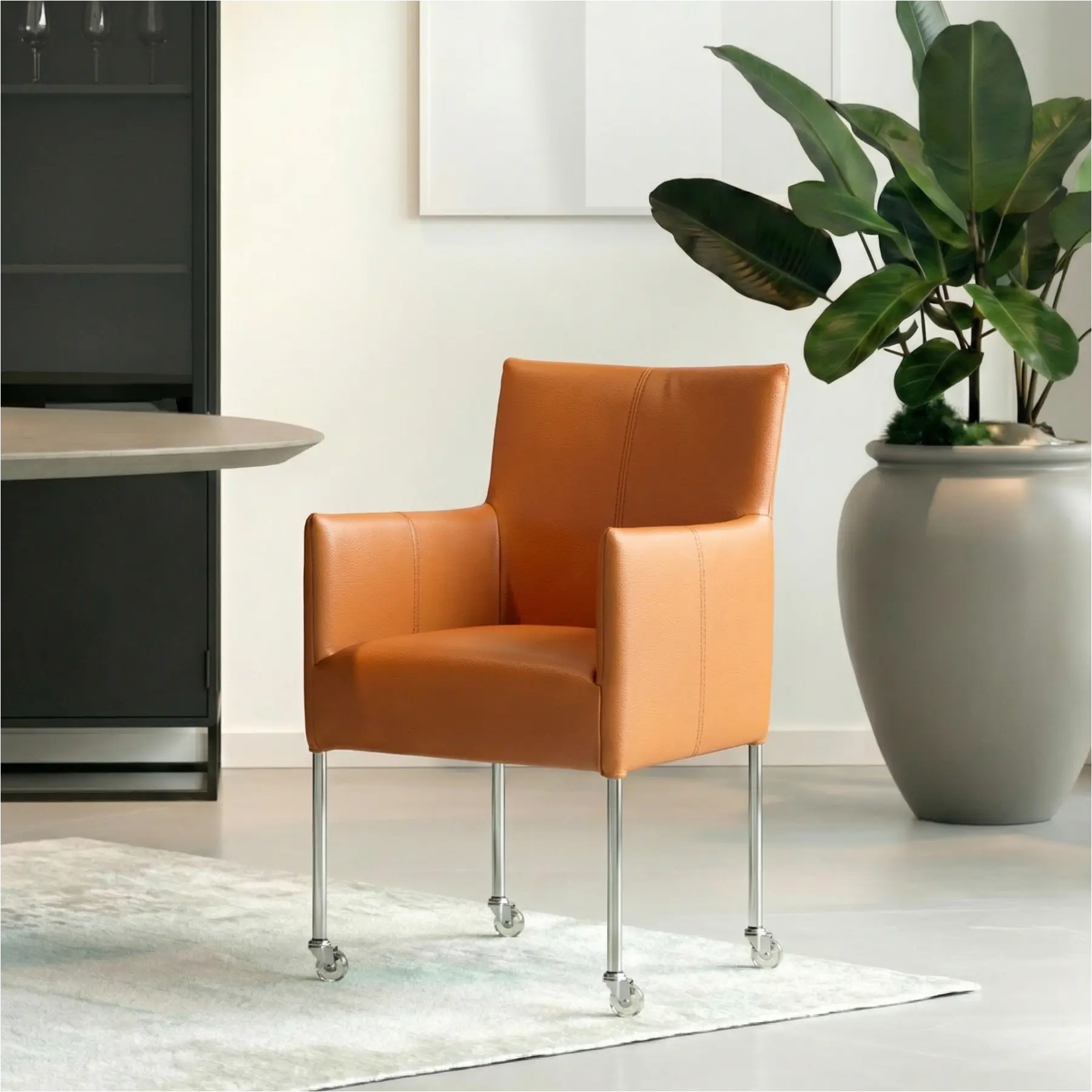 afbeelding van Leren eetkamerstoel Desire - Hermes Cognac (cognac/oranje) - Poten staal rond RVS