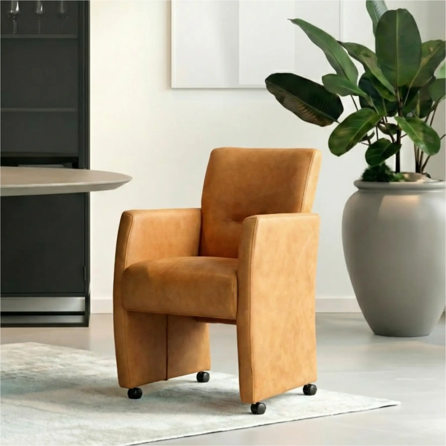 afbeelding van Leren eetkamerstoel Pleasure - Kenia Cognac (cognac) - Met handgreep RVS