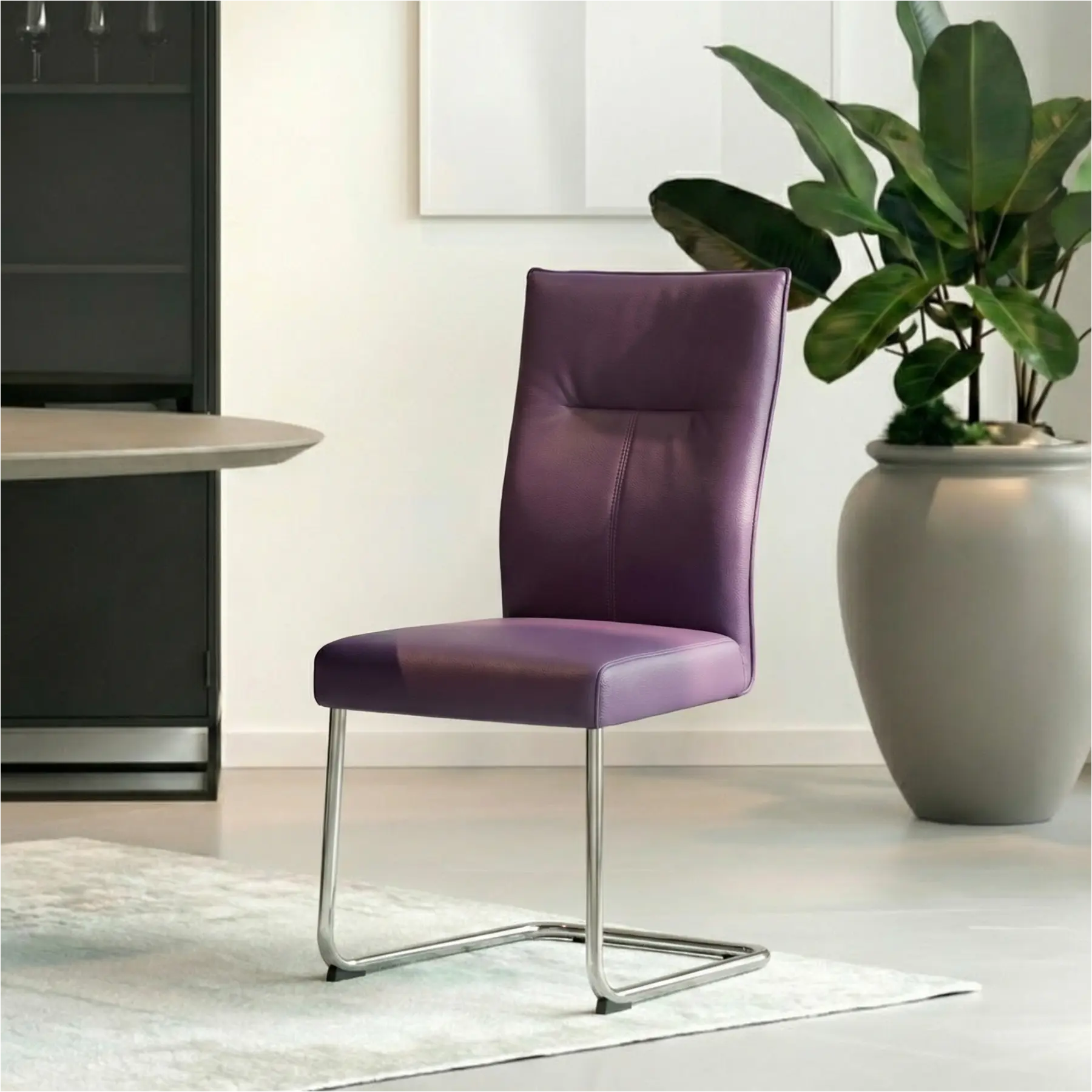 afbeelding van Leren eetkamerstoel Retro - Toledo Aubergine (paars) - Sledepoot staal rond RVS