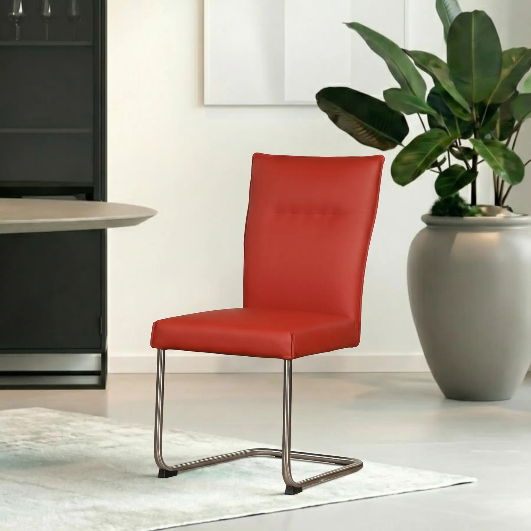 afbeelding van Leren eetkamerstoel Retro - Toledo Siegelstein (rood) - Sledepoot staal rond RVS