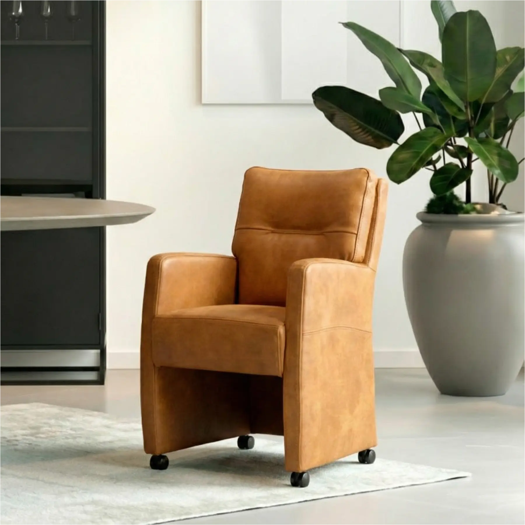 afbeelding van Leren eetkamerstoel Sharp - Kenia Cognac (cognac) - Zonder handgreep