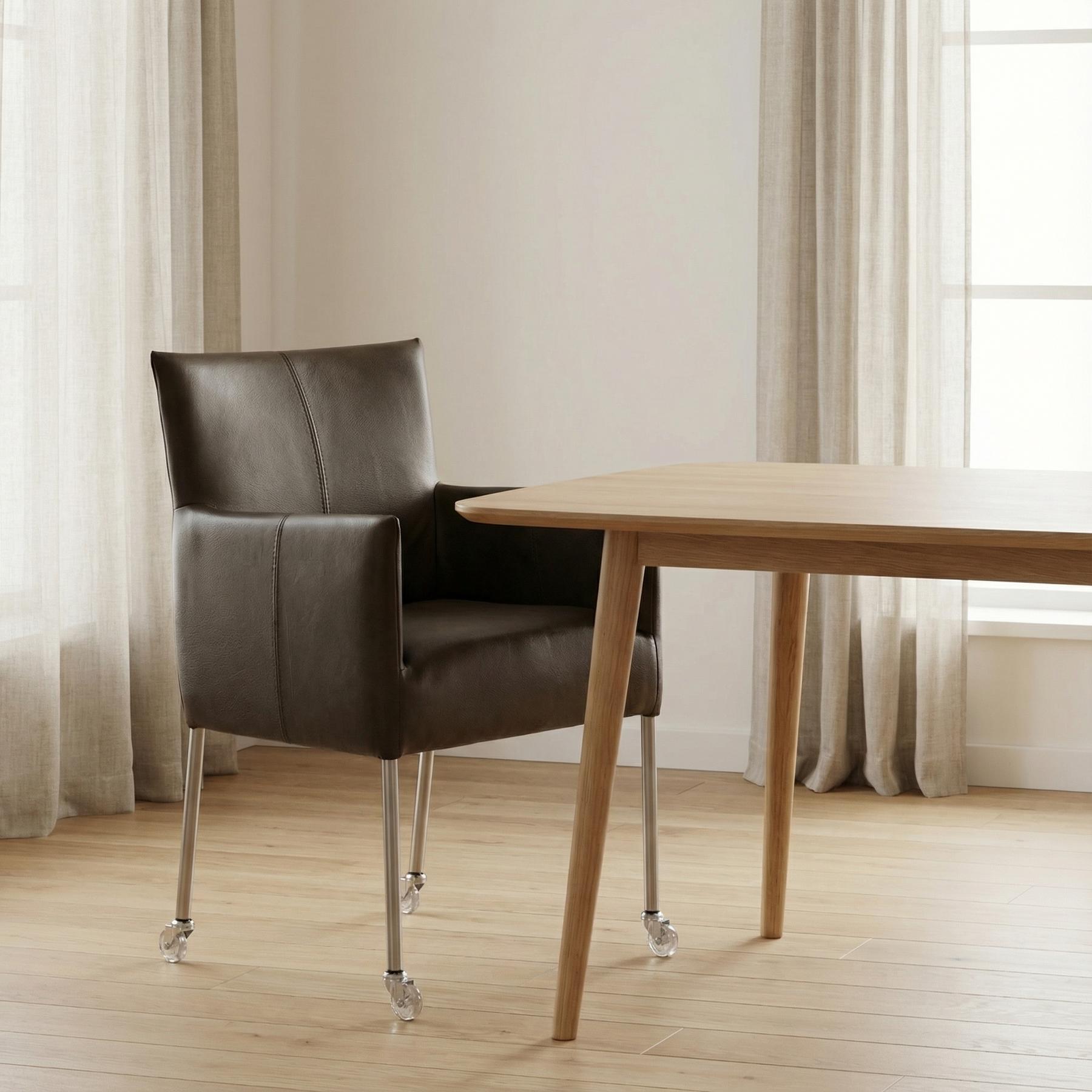 afbeelding van Leren eetkamerstoel Desire - Granada Ash (grijs/bruin) - Poten staal rond RVS