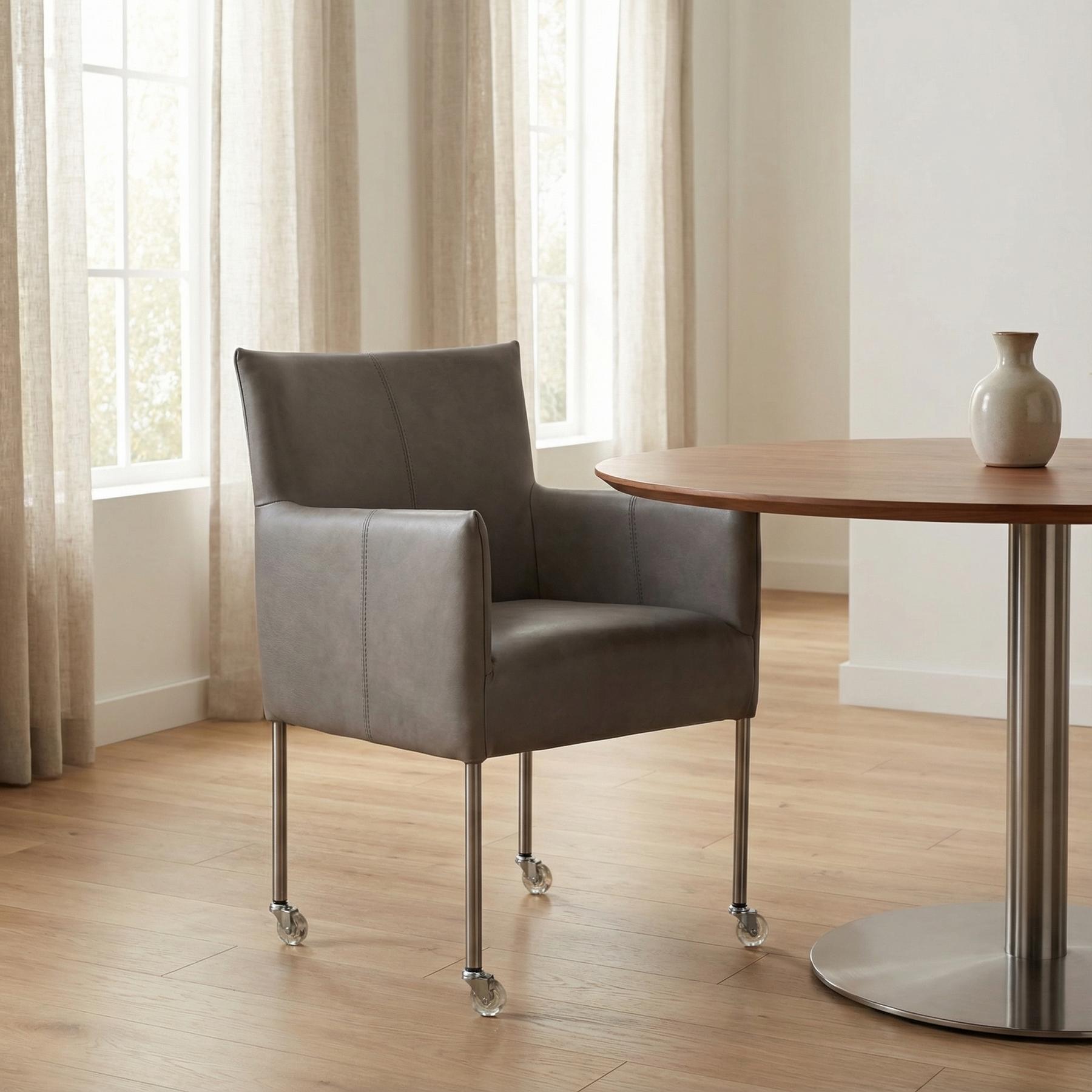 afbeelding van Leren eetkamerstoel Desire - Granada Steel (grijs) - Poten staal rond RVS