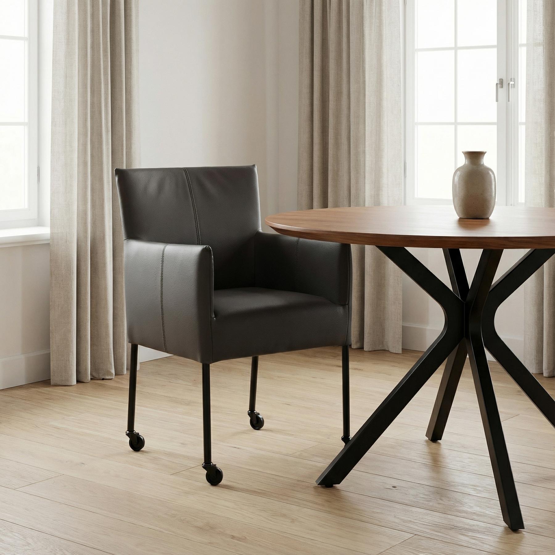 afbeelding van Leren eetkamerstoel Desire - Hermes Antracite (donkergrijs) - Poten staal rond zwart