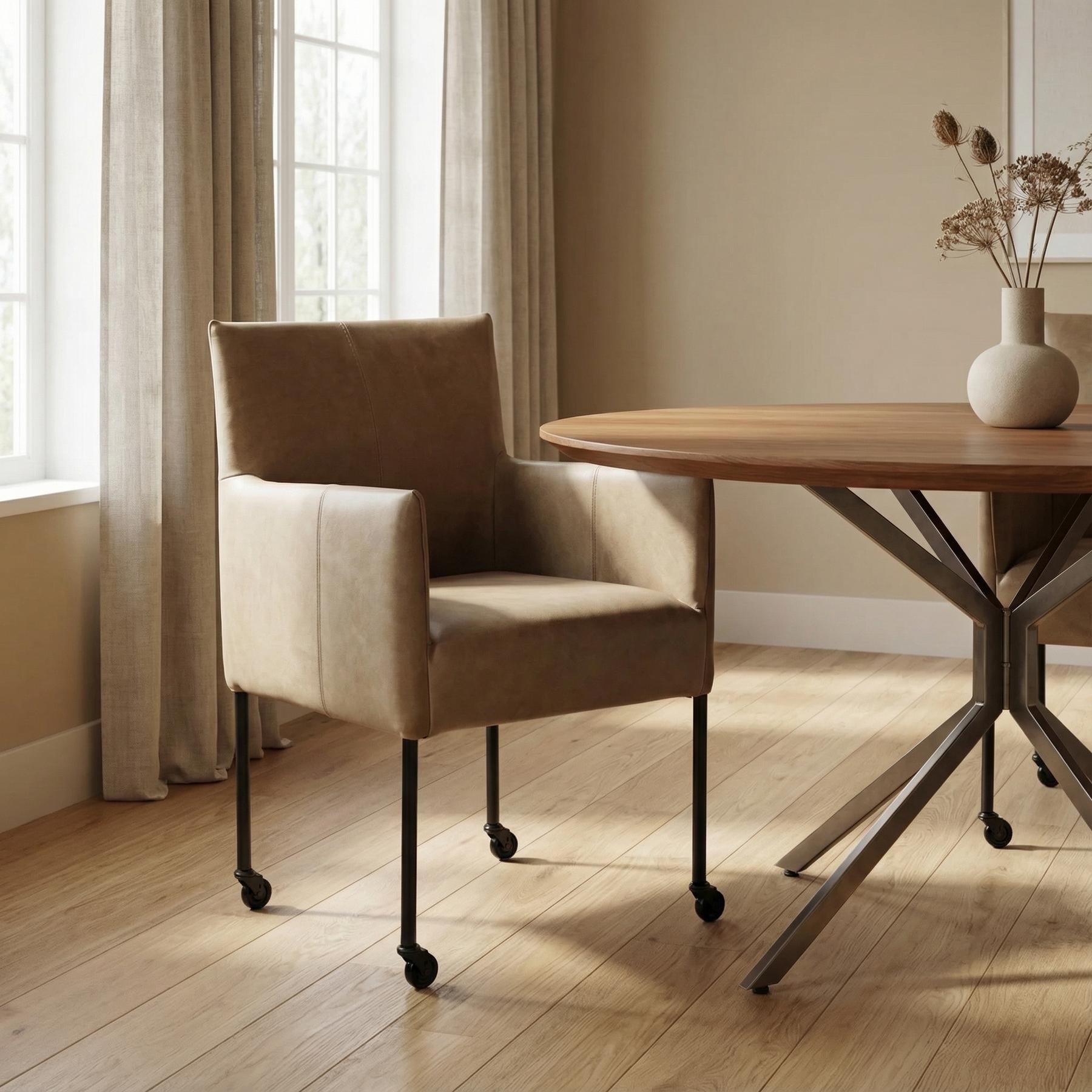 afbeelding van Leren eetkamerstoel Desire - Vintage Taupe (taupe/bruin) - Poten staal rond zwart