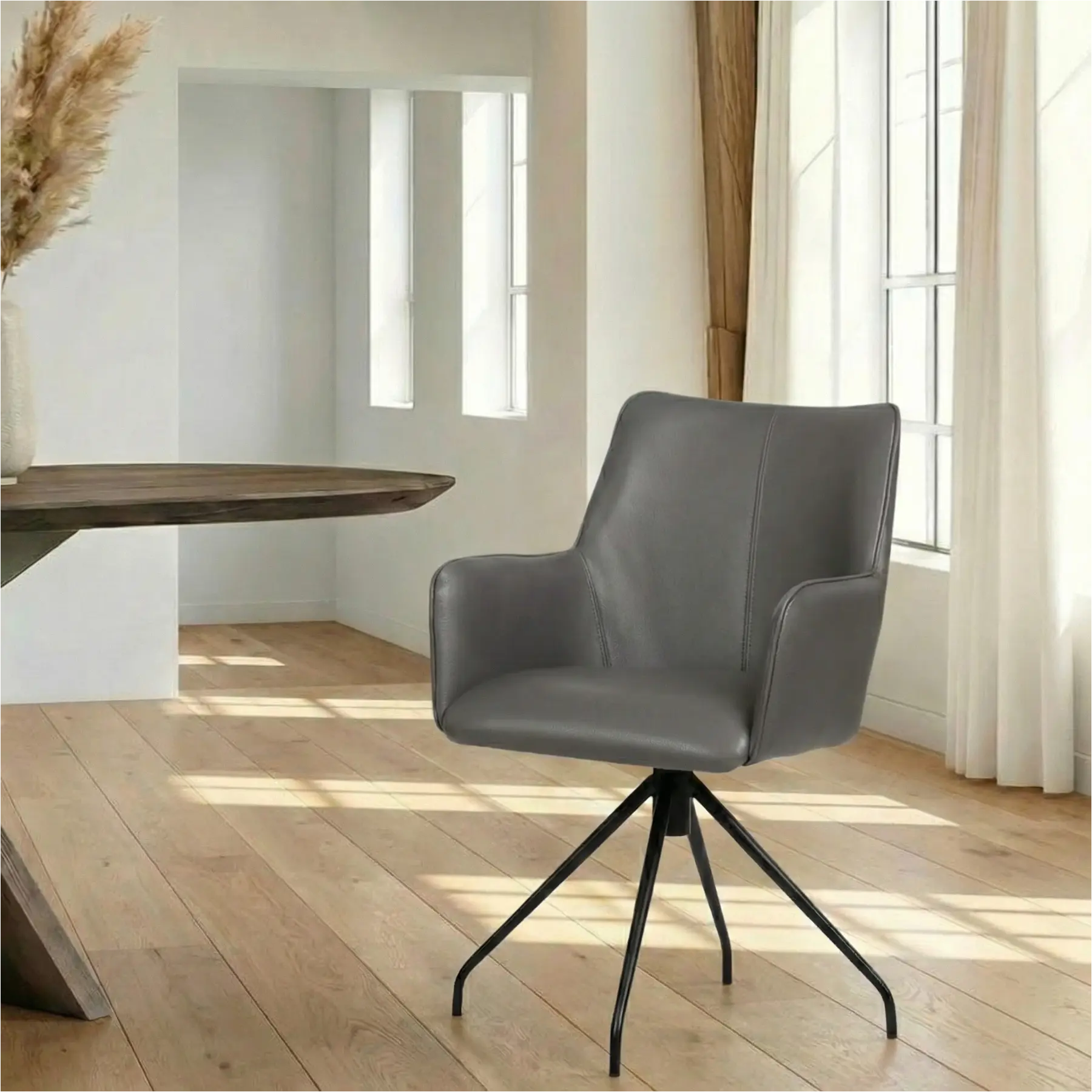 afbeelding van Leren draaibare eetkamerstoel Wave - Granada Steel (grijs) - Spinpoot staal rond zwart