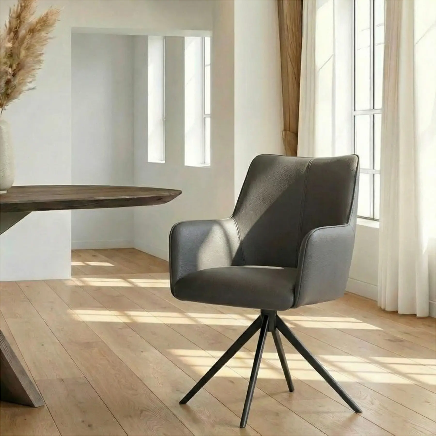 afbeelding van Leren draaibare eetkamerstoel Wave - Hermes Antracite (donkergrijs) - Spinpoot staal rond zwart