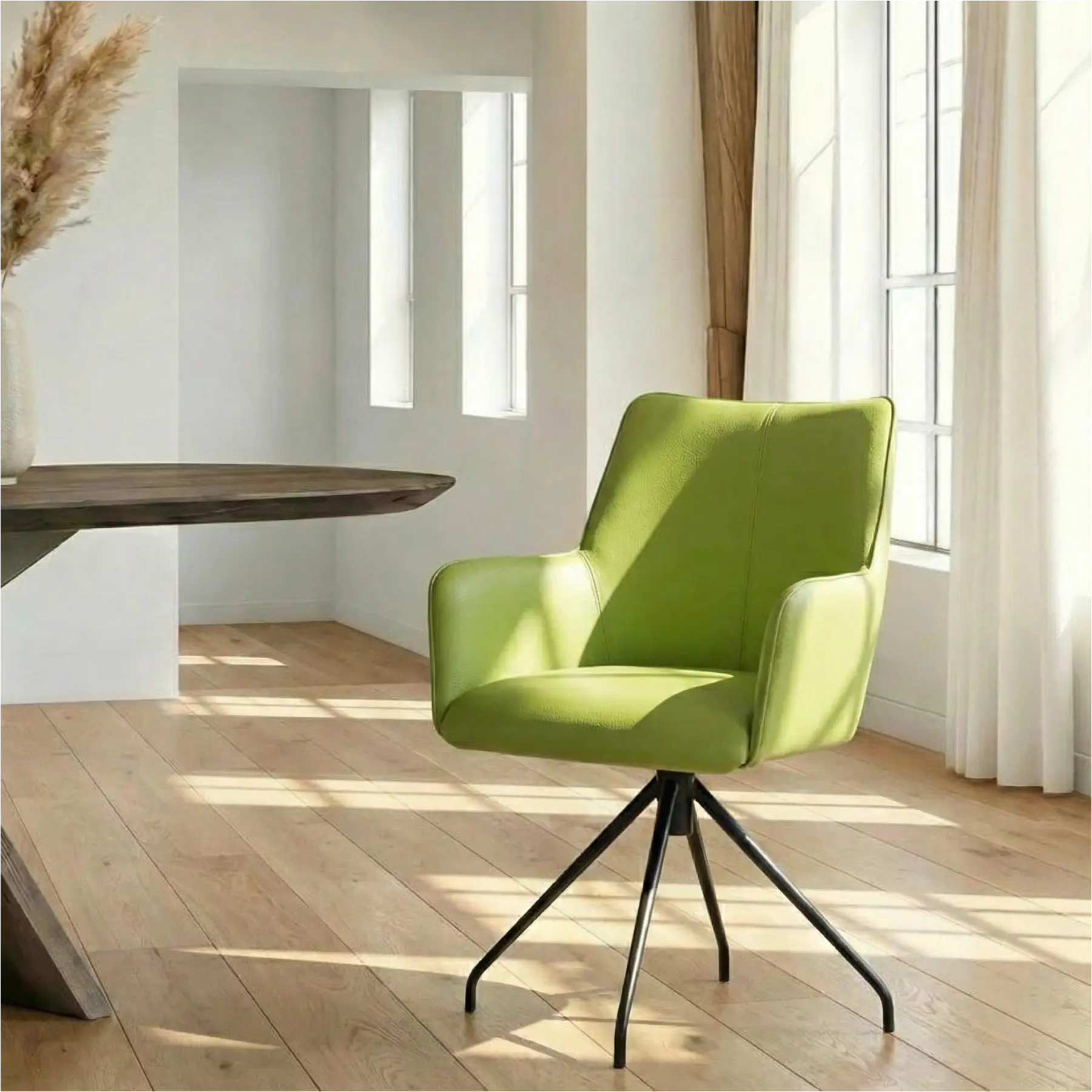 afbeelding van Leren draaibare eetkamerstoel Wave - Hermes Lime (felgroen) - Spinpoot staal rond zwart