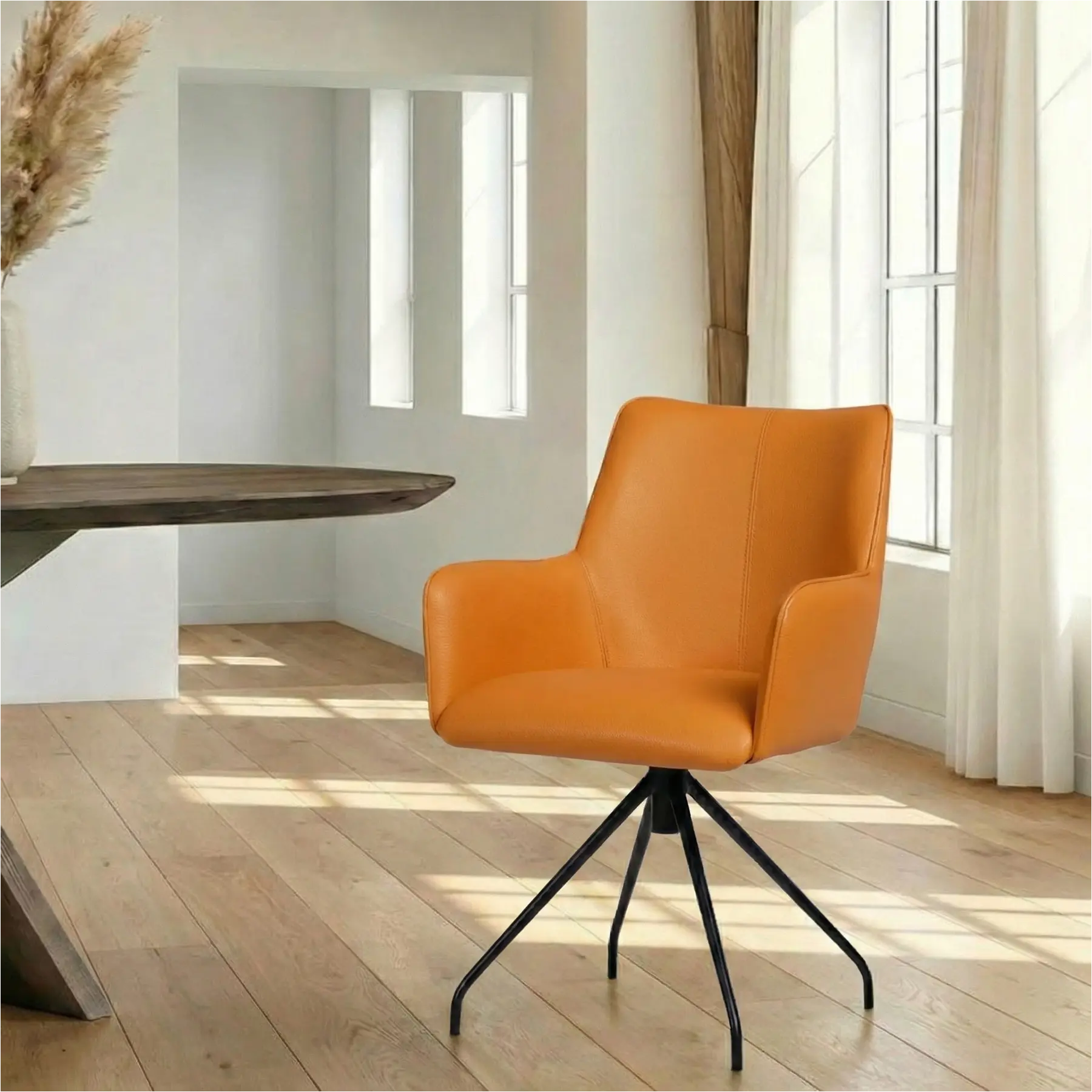 afbeelding van Leren draaibare eetkamerstoel Wave - Toledo Mandarin (oranje) - Spinpoot staal rond zwart