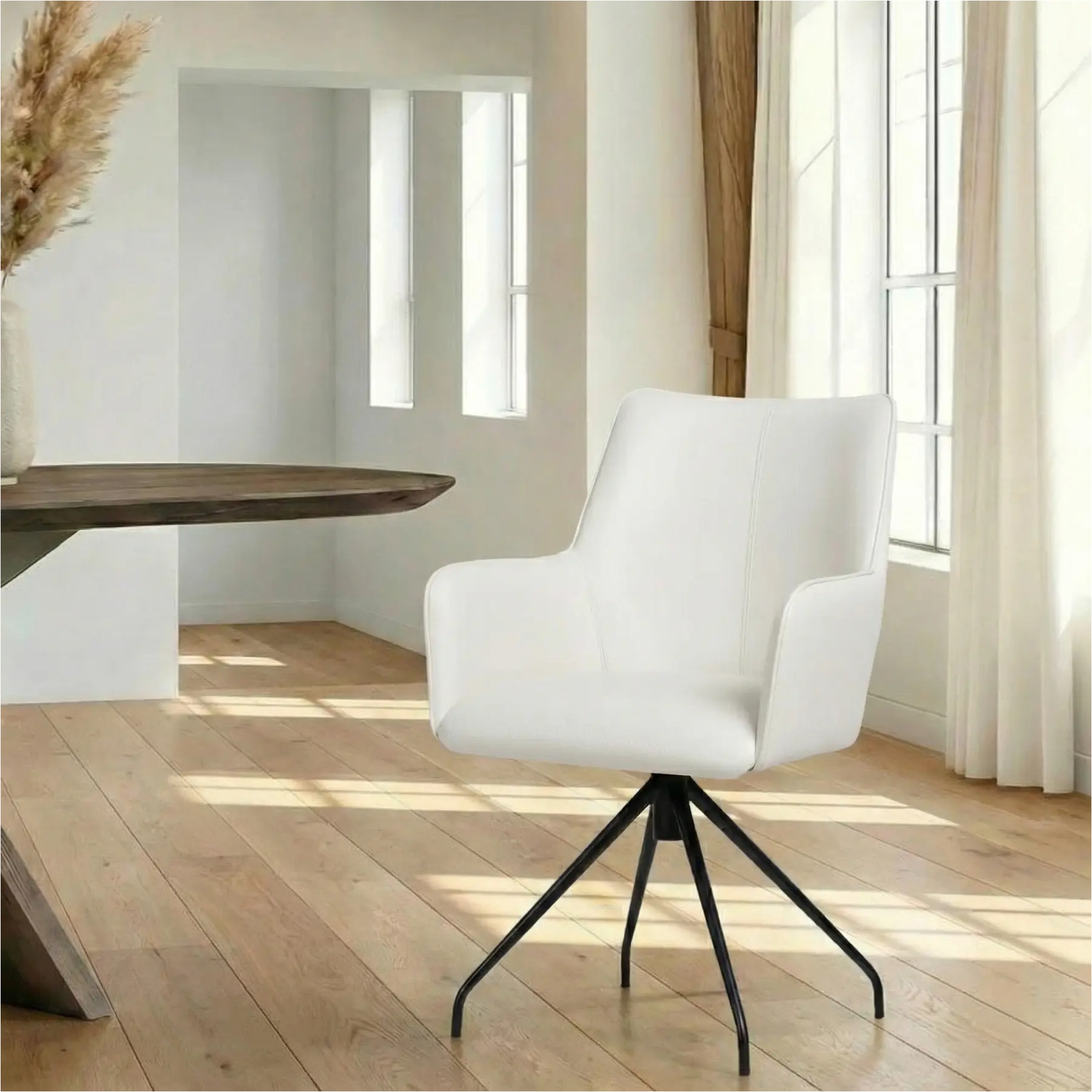 afbeelding van Leren draaibare eetkamerstoel Wave - Toledo Purewhite (wit) - Spinpoot staal rond zwart