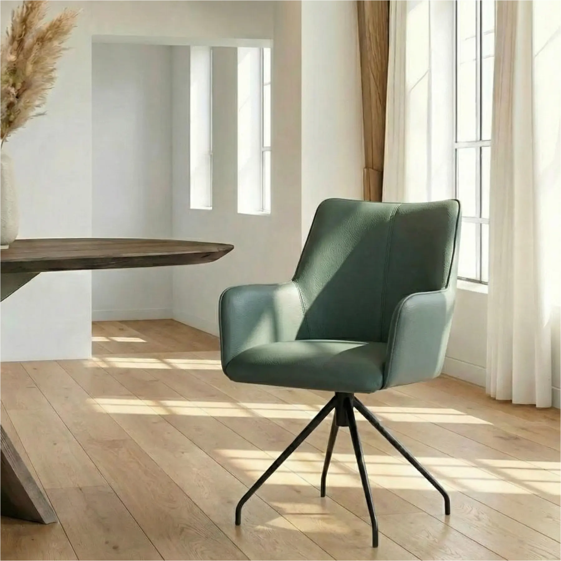 afbeelding van Leren draaibare eetkamerstoel Wave - Toledo Whale (blauw/grijs) - Spinpoot staal rond zwart