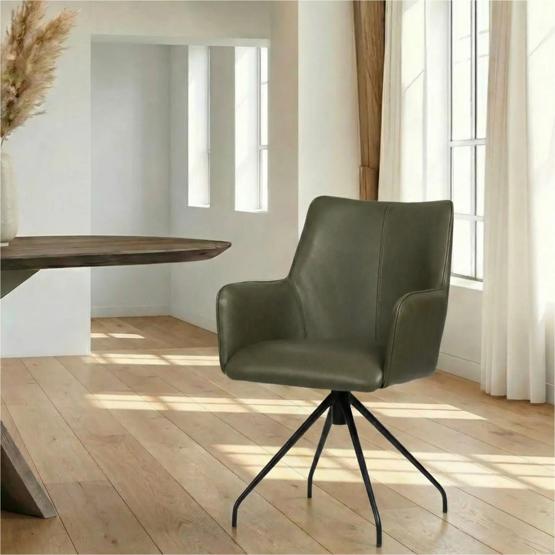 afbeelding van Leren eetkamerstoel Wave - Granada Moss (olijf/groen) - Spinpoot staal rond zwart