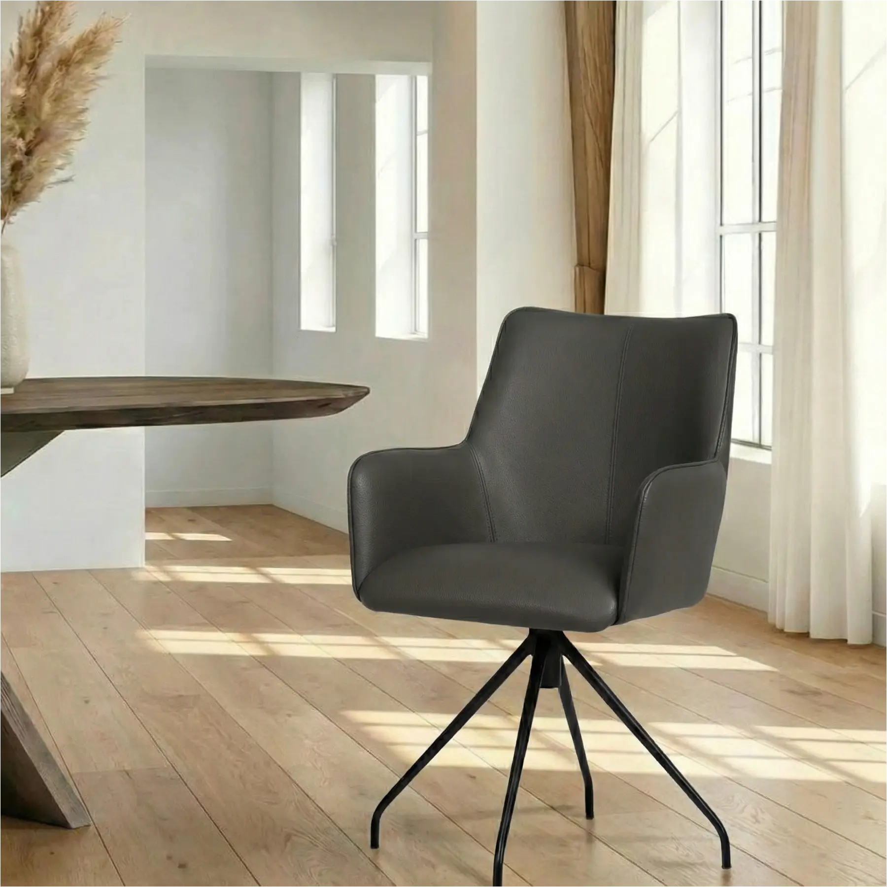 afbeelding van Leren eetkamerstoel Wave - Hermes Antracite (donkergrijs) - Spinpoot staal rond zwart