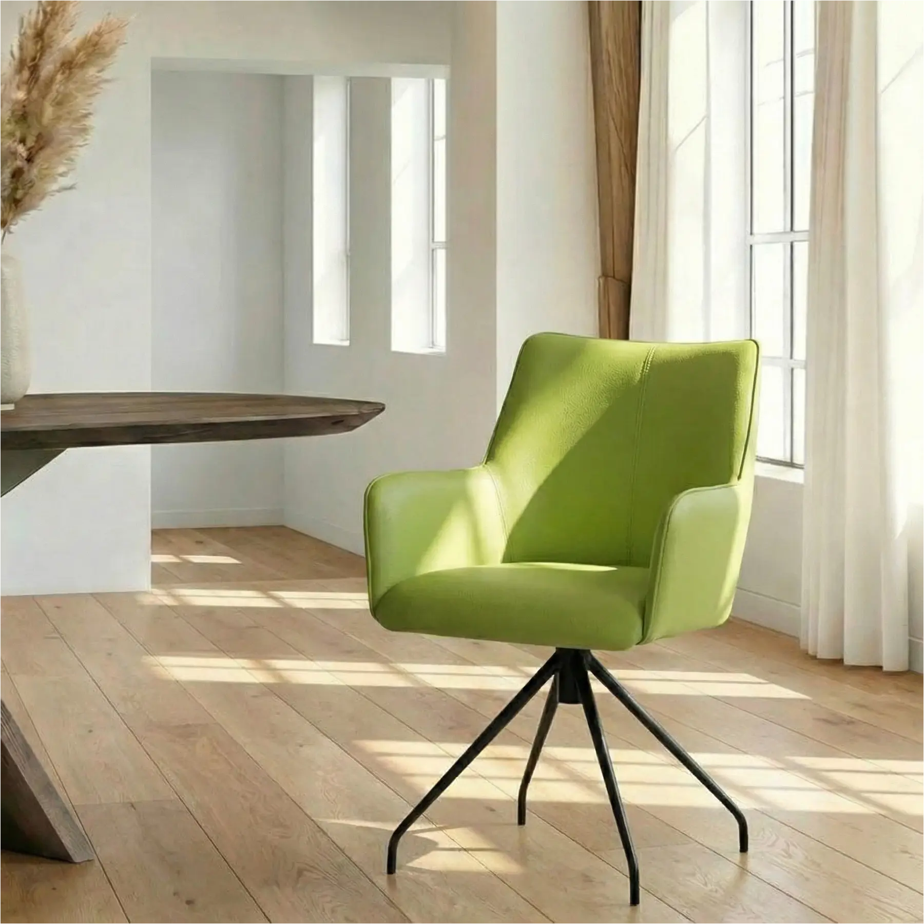 afbeelding van Leren eetkamerstoel Wave - Hermes Lime (felgroen) - Spinpoot staal rond zwart