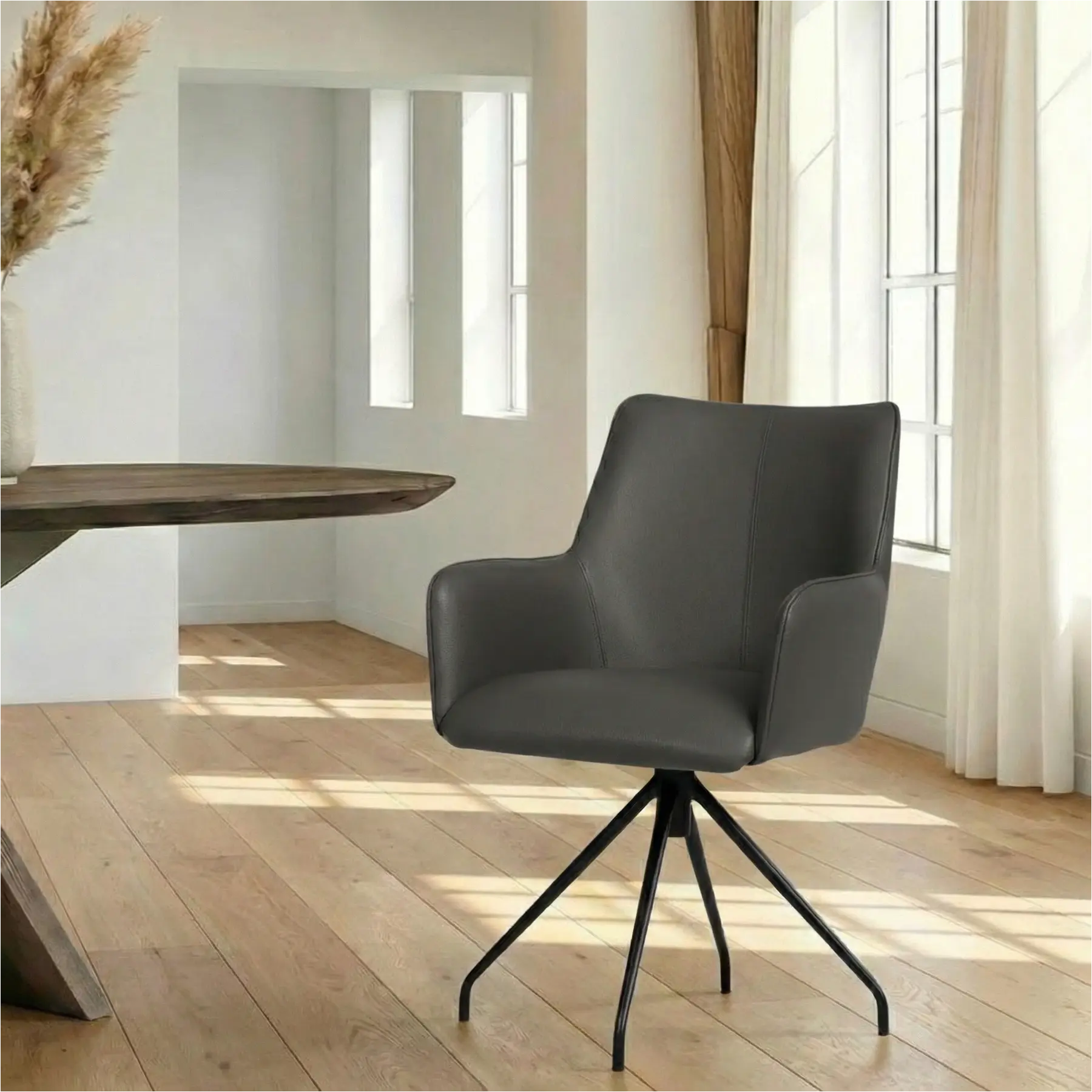 afbeelding van Leren eetkamerstoel Wave - Toledo Antracite (donkergrijs) - Spinpoot staal rond zwart