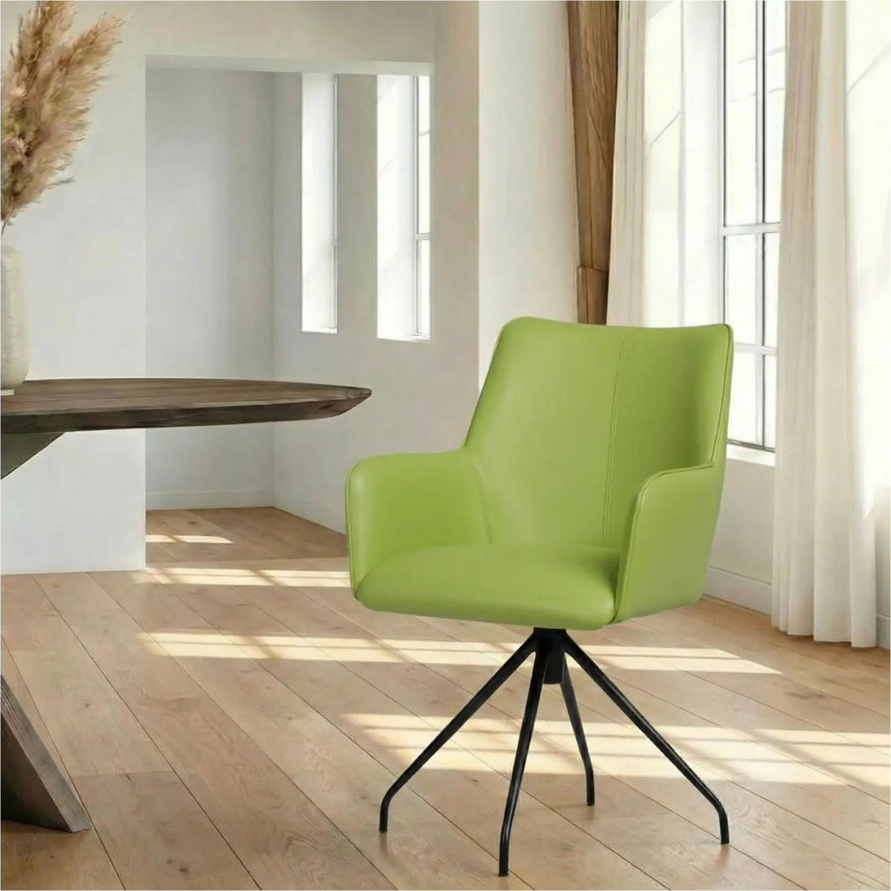 afbeelding van Leren eetkamerstoel Wave - Toledo Lime (felgroen) - Spinpoot staal rond zwart