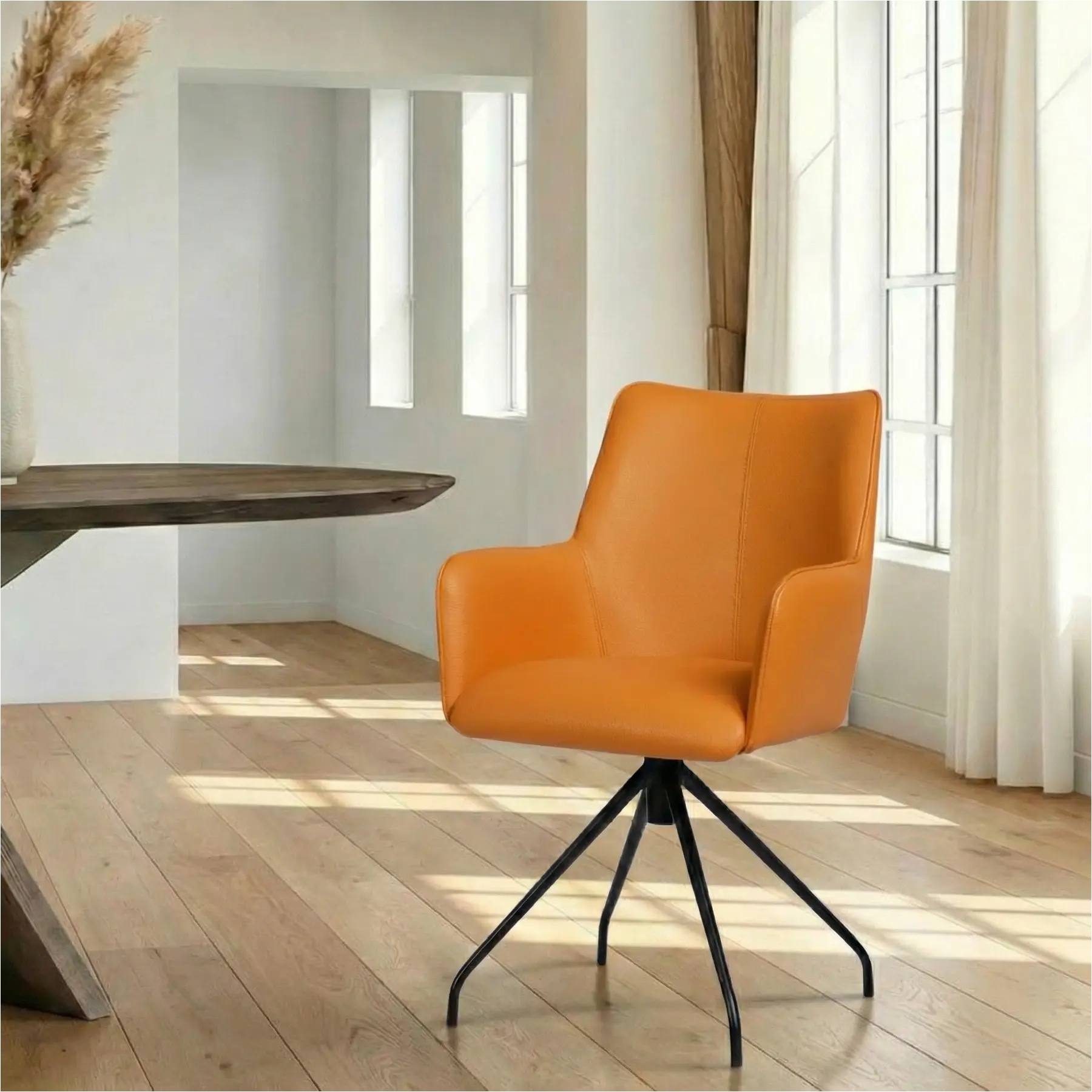 afbeelding van Leren eetkamerstoel Wave - Toledo Mandarin (oranje) - Spinpoot staal rond zwart