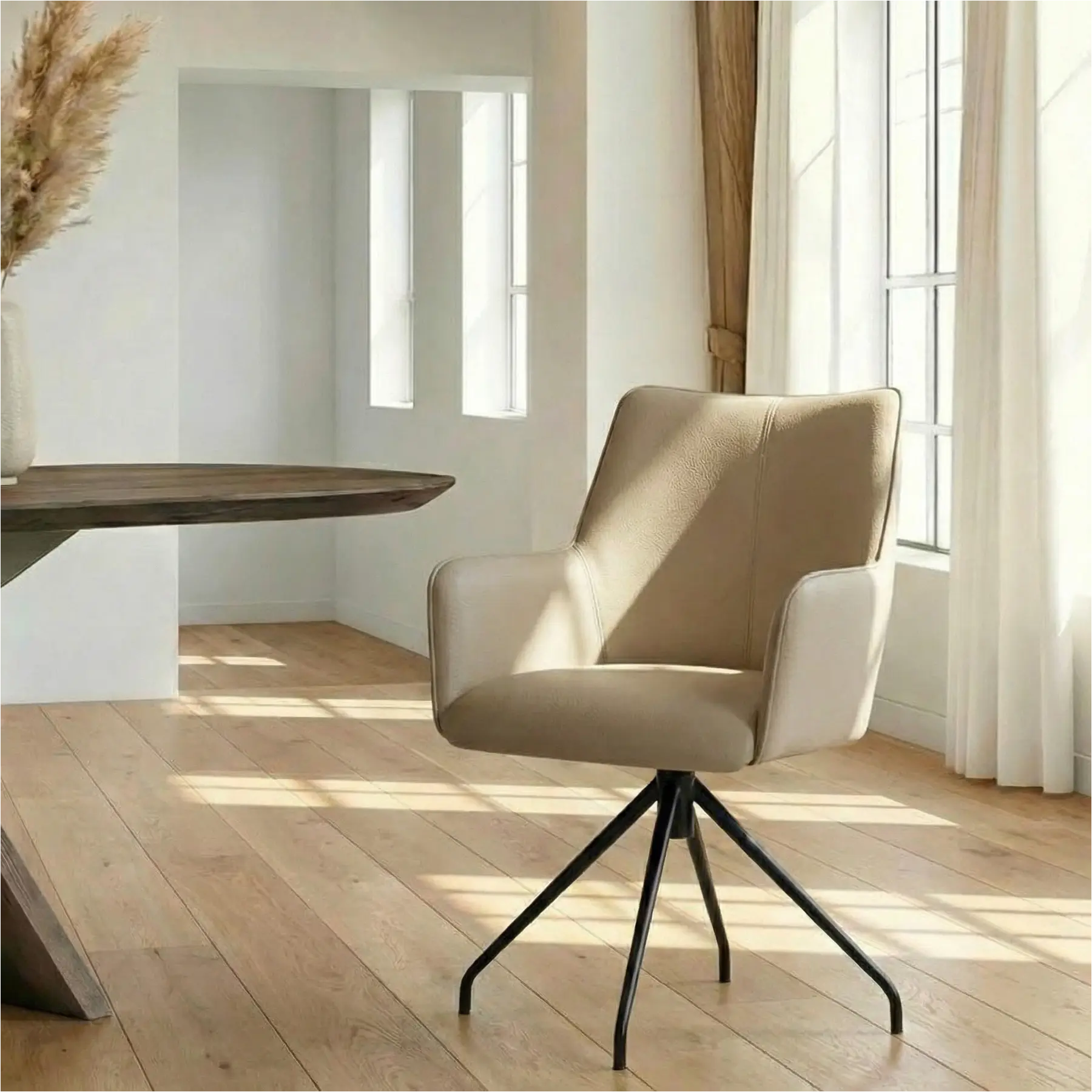 afbeelding van Leren eetkamerstoel Wave - Toledo Mastic (taupe/bruin) - Spinpoot staal rond zwart