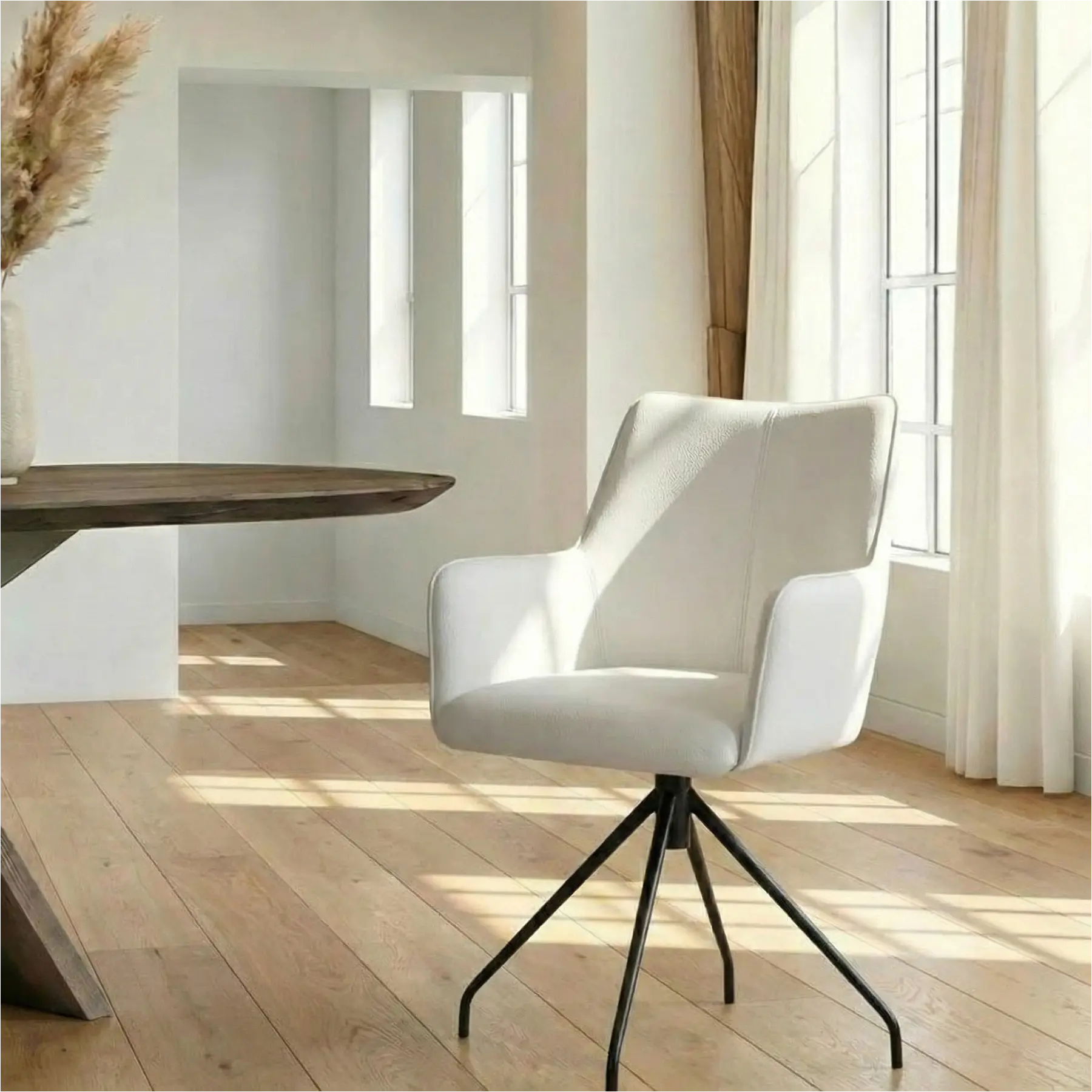 afbeelding van Leren eetkamerstoel Wave - Toledo Purewhite (wit) - Spinpoot staal rond zwart