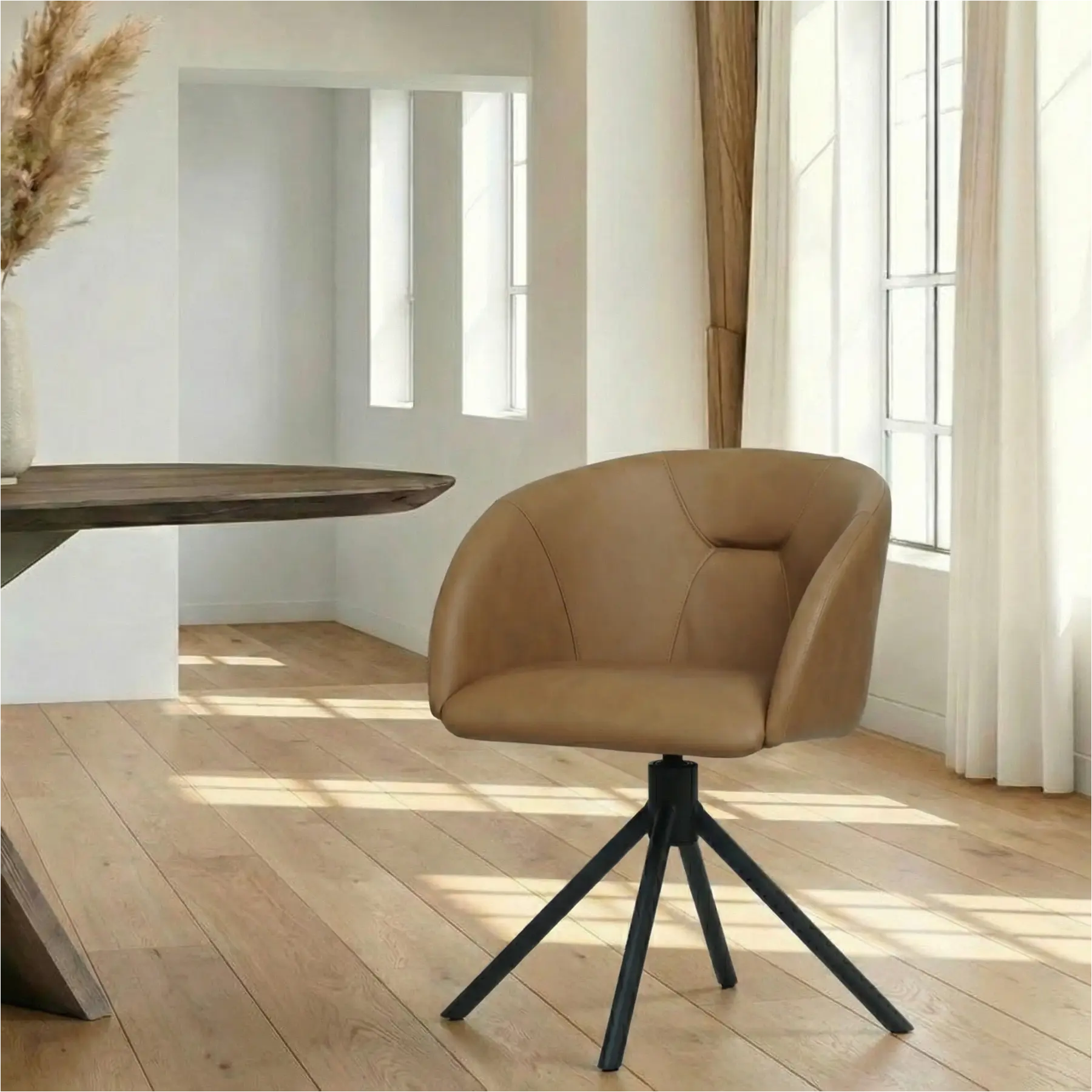 afbeelding van Leren draaibare eetkamerstoel Charm- Rancho Clay (bruin) - Spinpoot staal rond zwart