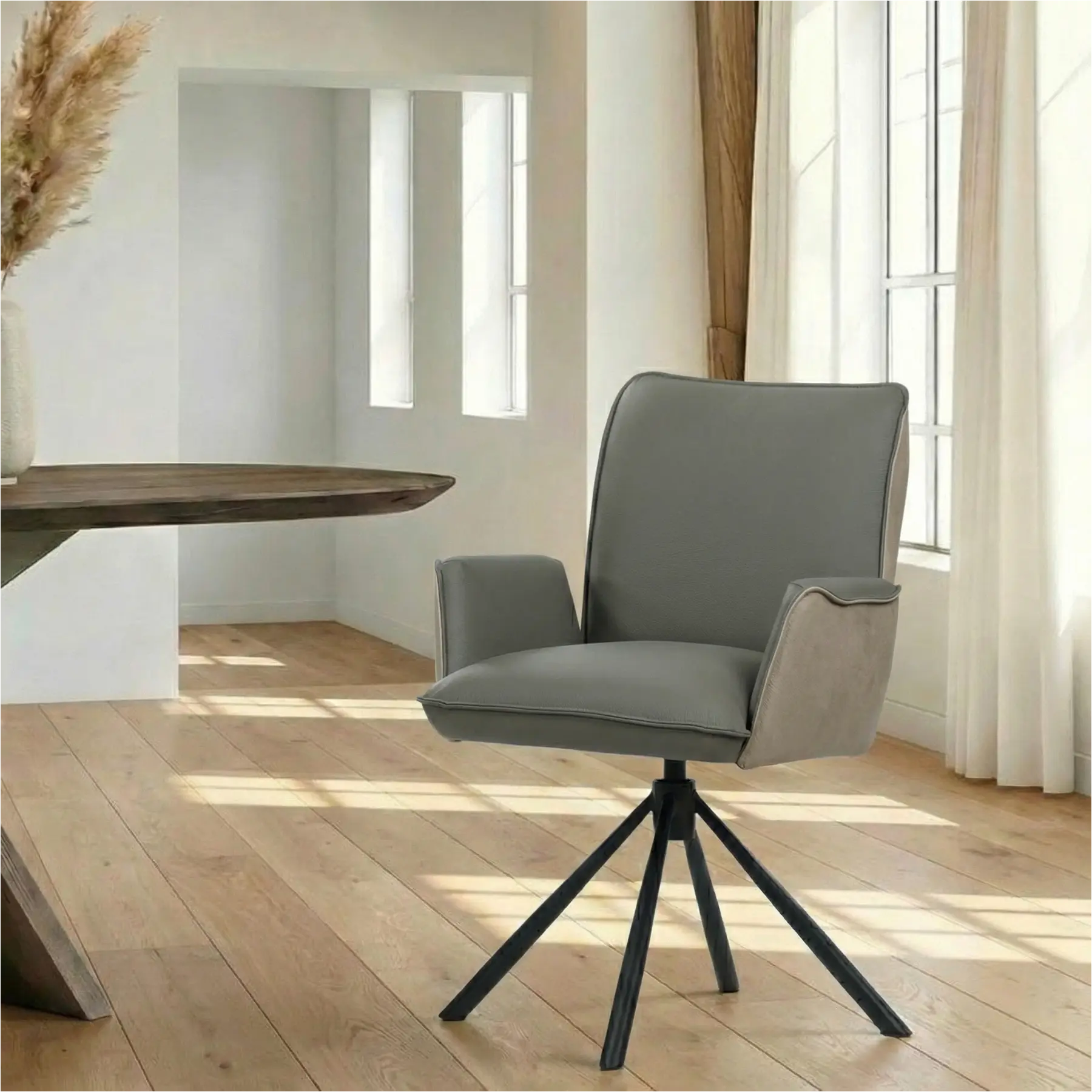 afbeelding van Leren draaibare eetkamerstoel Elite Duo - Kenia Lightgrey en Toledo Smog - Poten staal rond zwart