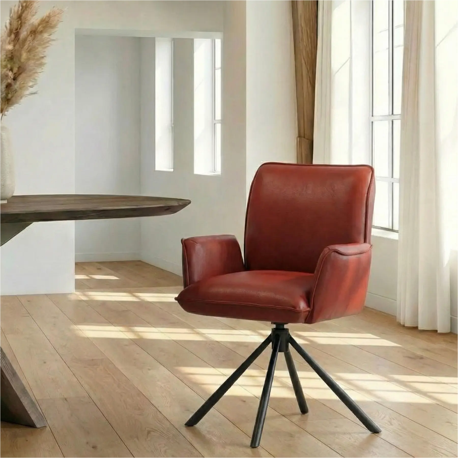 afbeelding van Leren draaibare eetkamerstoel Elite - Granada Rouge (rood) - Spinpoot staal rond zwart