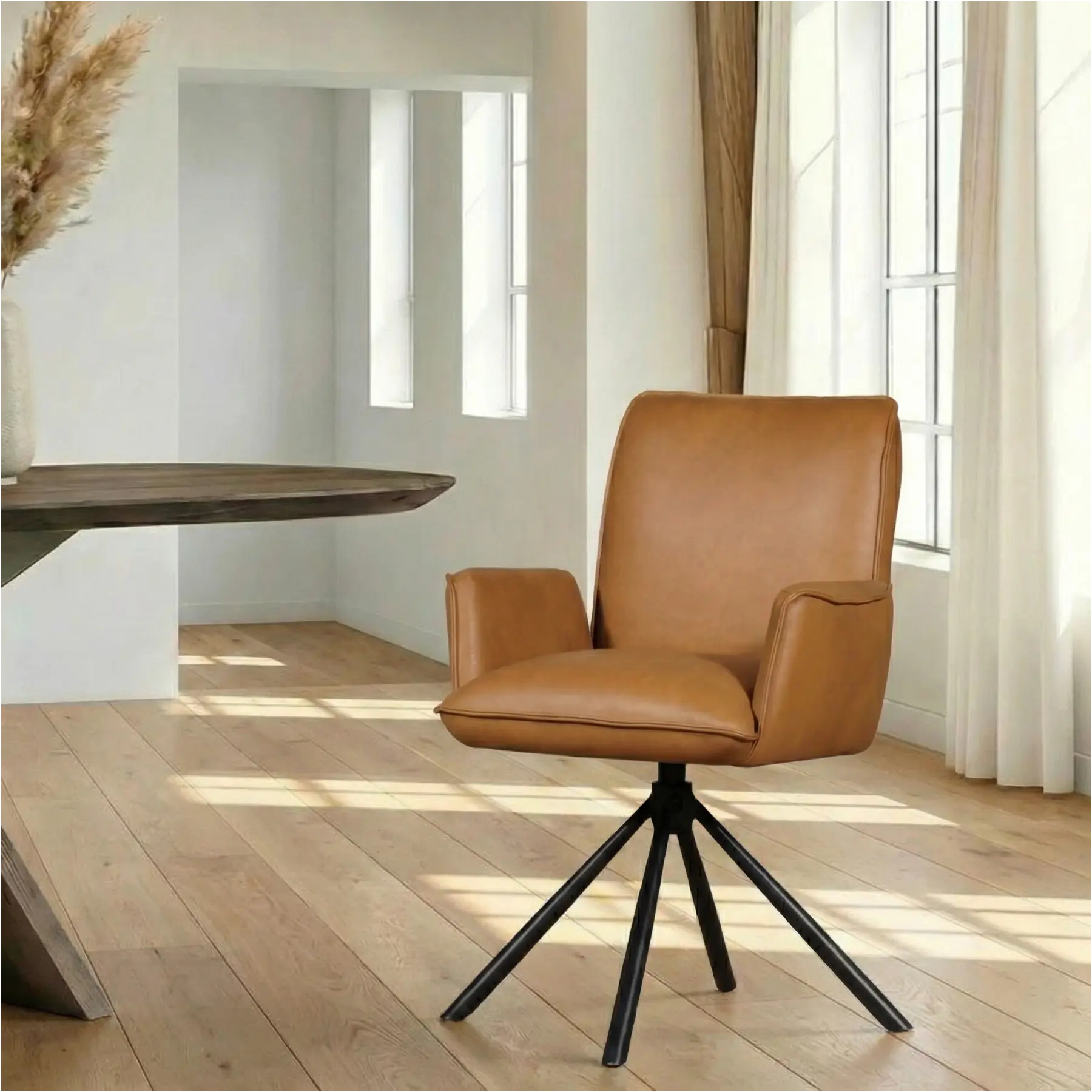 afbeelding van Leren draaibare eetkamerstoel Elite - Granada Sahara (cognac) - Spinpoot staal rond zwart