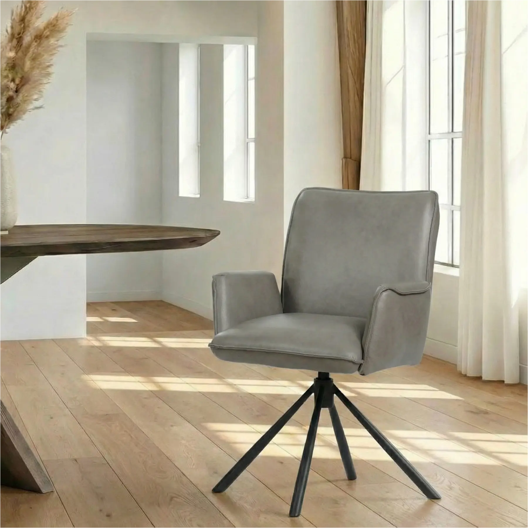 afbeelding van Leren draaibare eetkamerstoel Elite - Granada Steel (grijs) - Spinpoot staal rond zwart