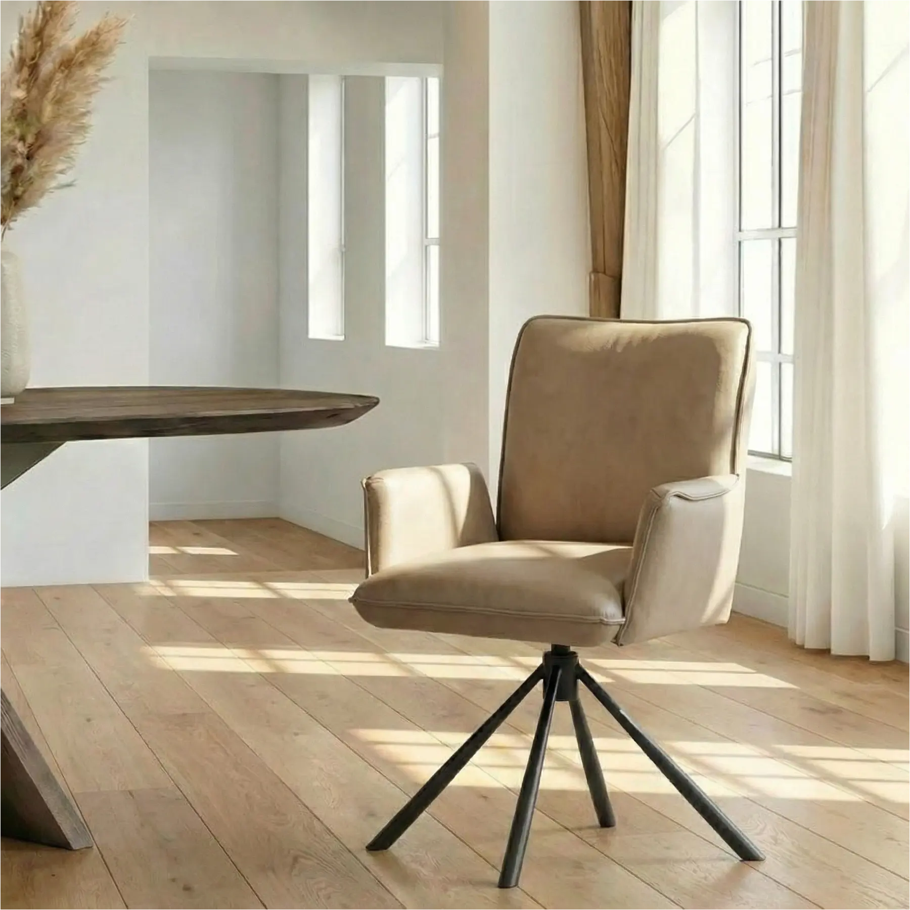 afbeelding van Leren draaibare eetkamerstoel Elite - Granada Taupe (taupe/bruin) - Spinpoot staal rond zwart