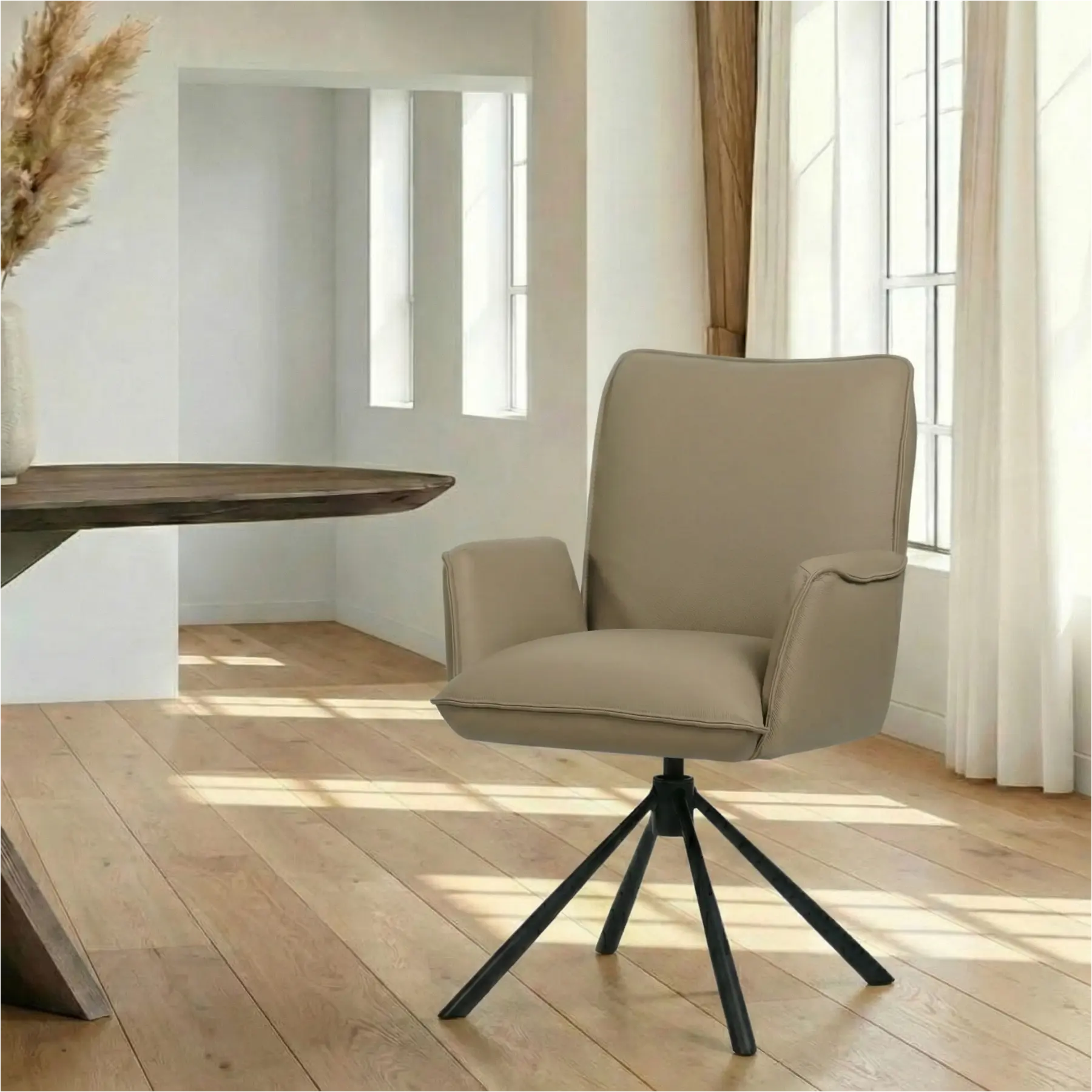 afbeelding van Leren draaibare eetkamerstoel Elite - Hermes Mocca (taupe/bruin) - Spinpoot staal rond zwart