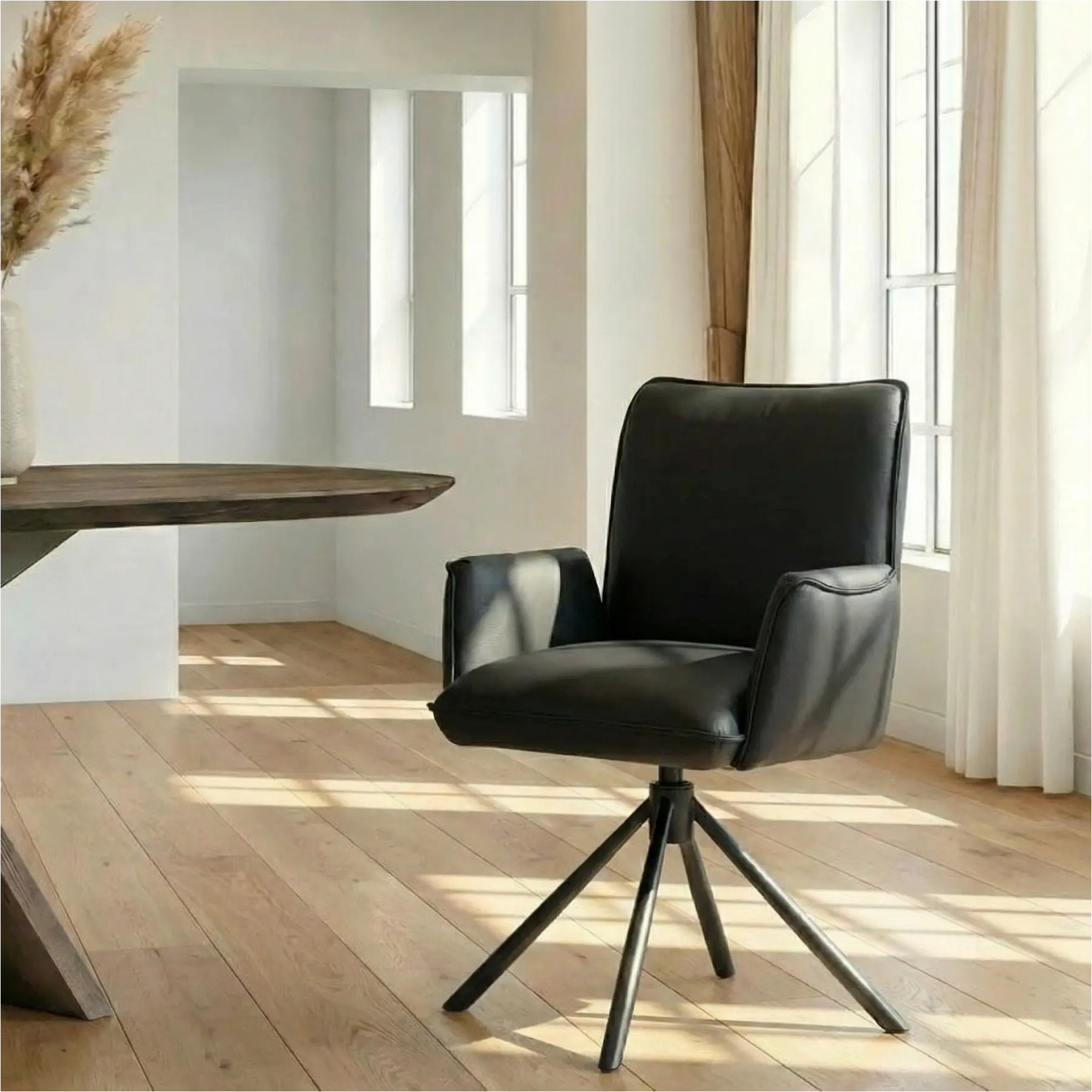 afbeelding van Leren draaibare eetkamerstoel Elite - Hermes Nero (zwart) - Spinpoot staal rond zwart