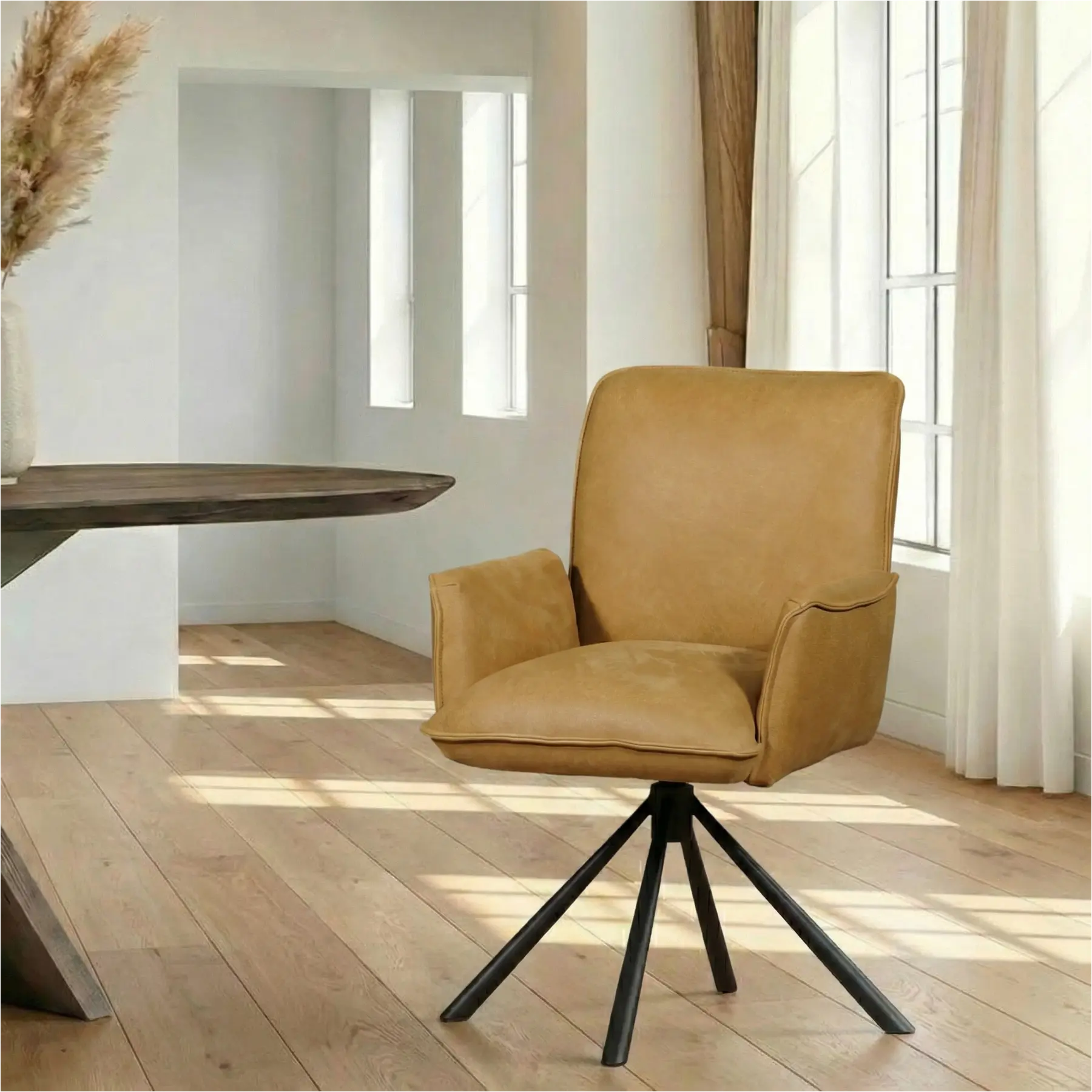 afbeelding van Leren draaibare eetkamerstoel Elite - Kenia Walnut (cognac) - Spinpoot staal rond zwart