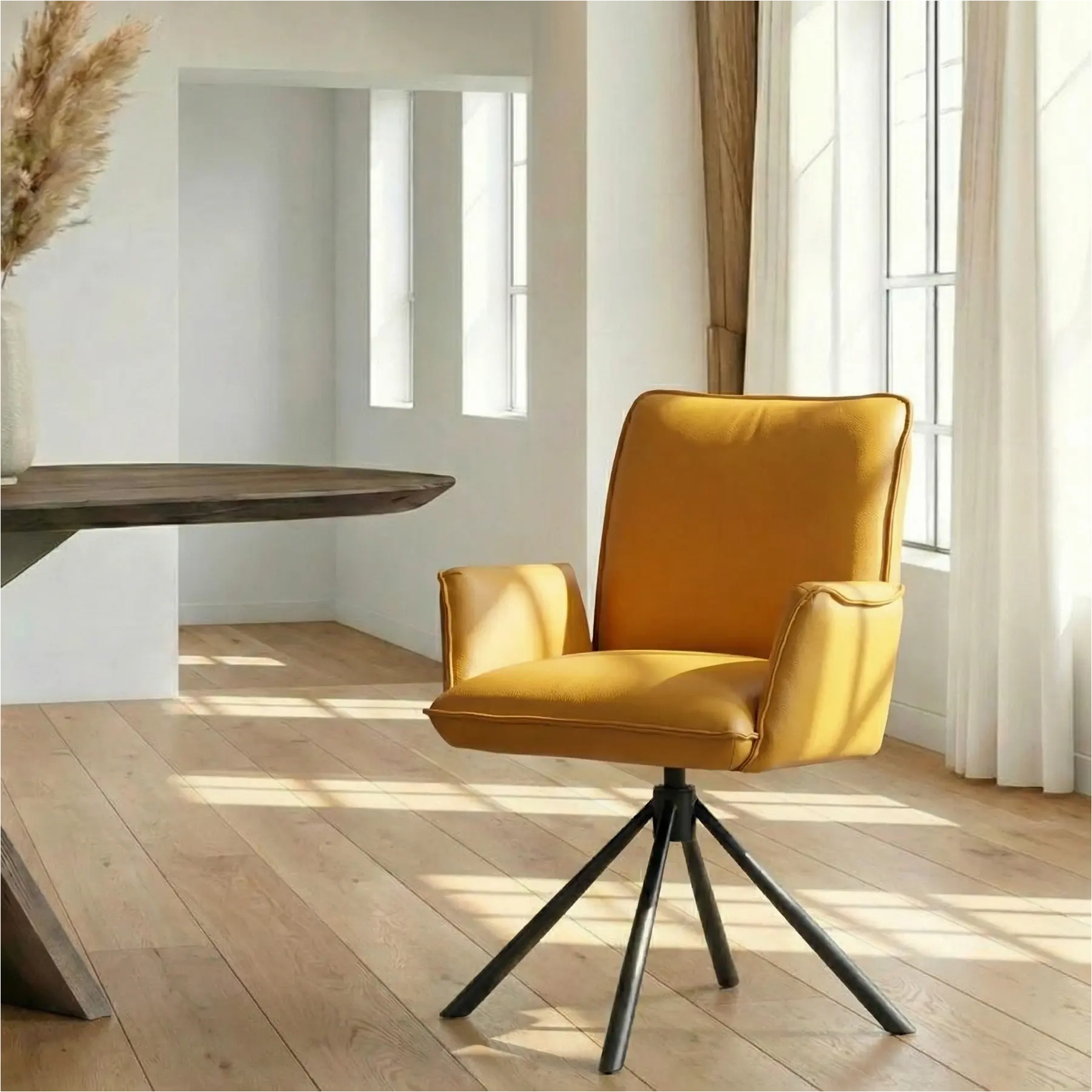 afbeelding van Leren draaibare eetkamerstoel Elite - Toledo Leem (geel/bruin) - Spinpoot staal rond zwart